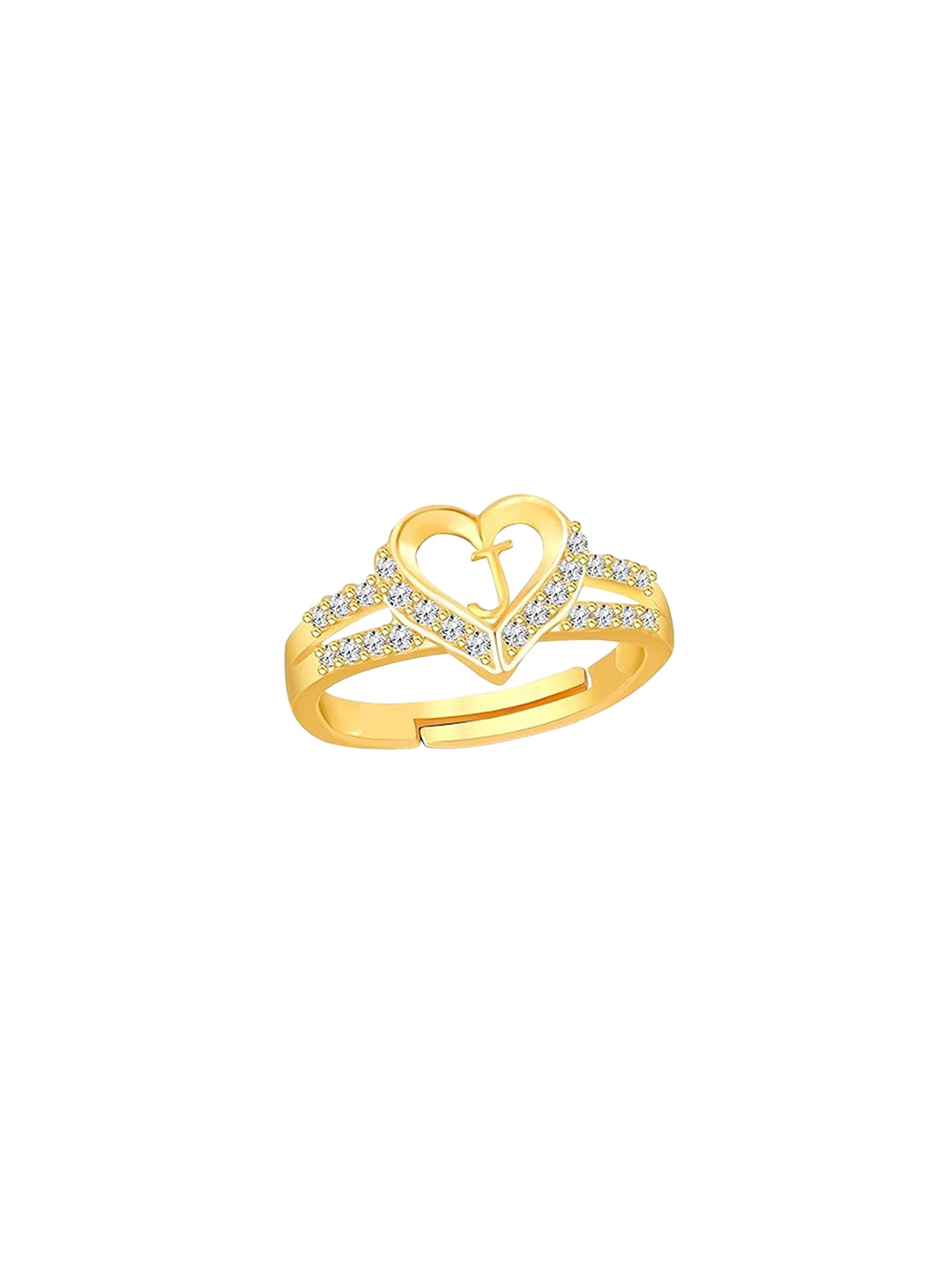 

Lila Gold-Plated Cubic Zirconia-Studded Heart Alphabet J Adjustable Finger Ring