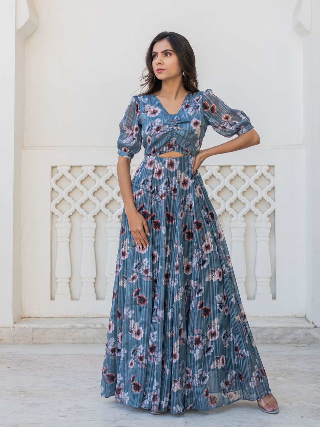 

Kohsh Floral Printed Georgette Maxi Dress, Blue