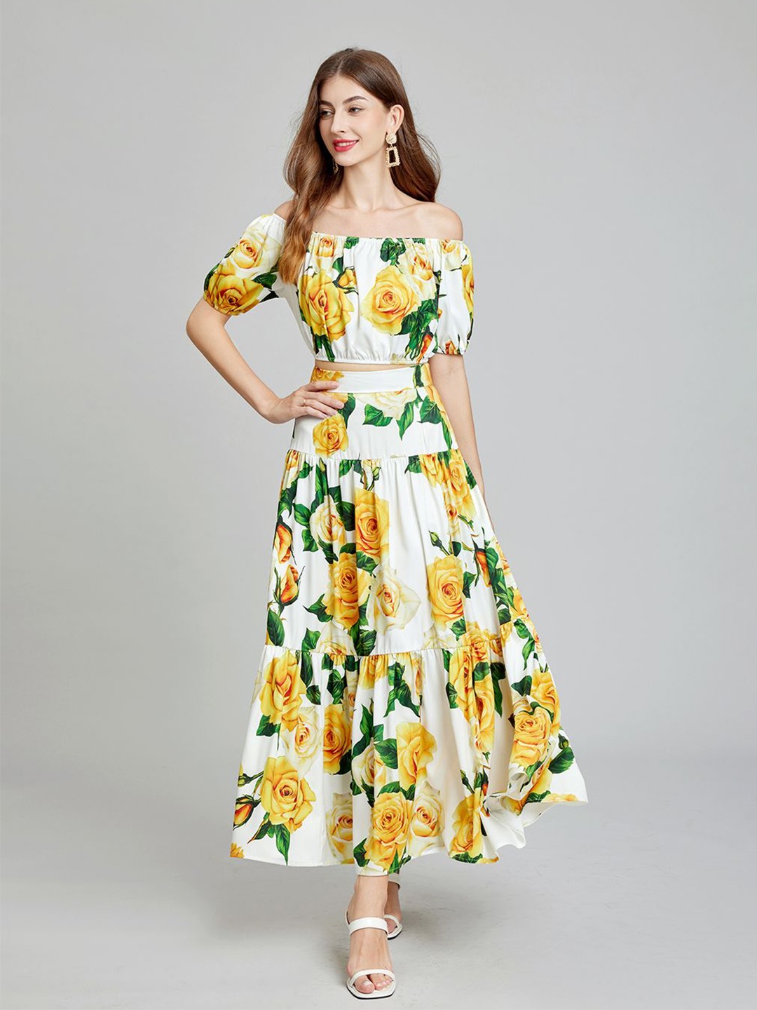 

JC Collection Floral Printed Off-Shoulder Puff Sleeves Casual Top With Skirt, Yellow