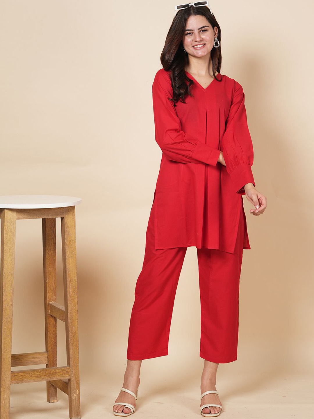 

LABEL KRISHA Pure Cotton Top With Trouser Co-Ords, Red