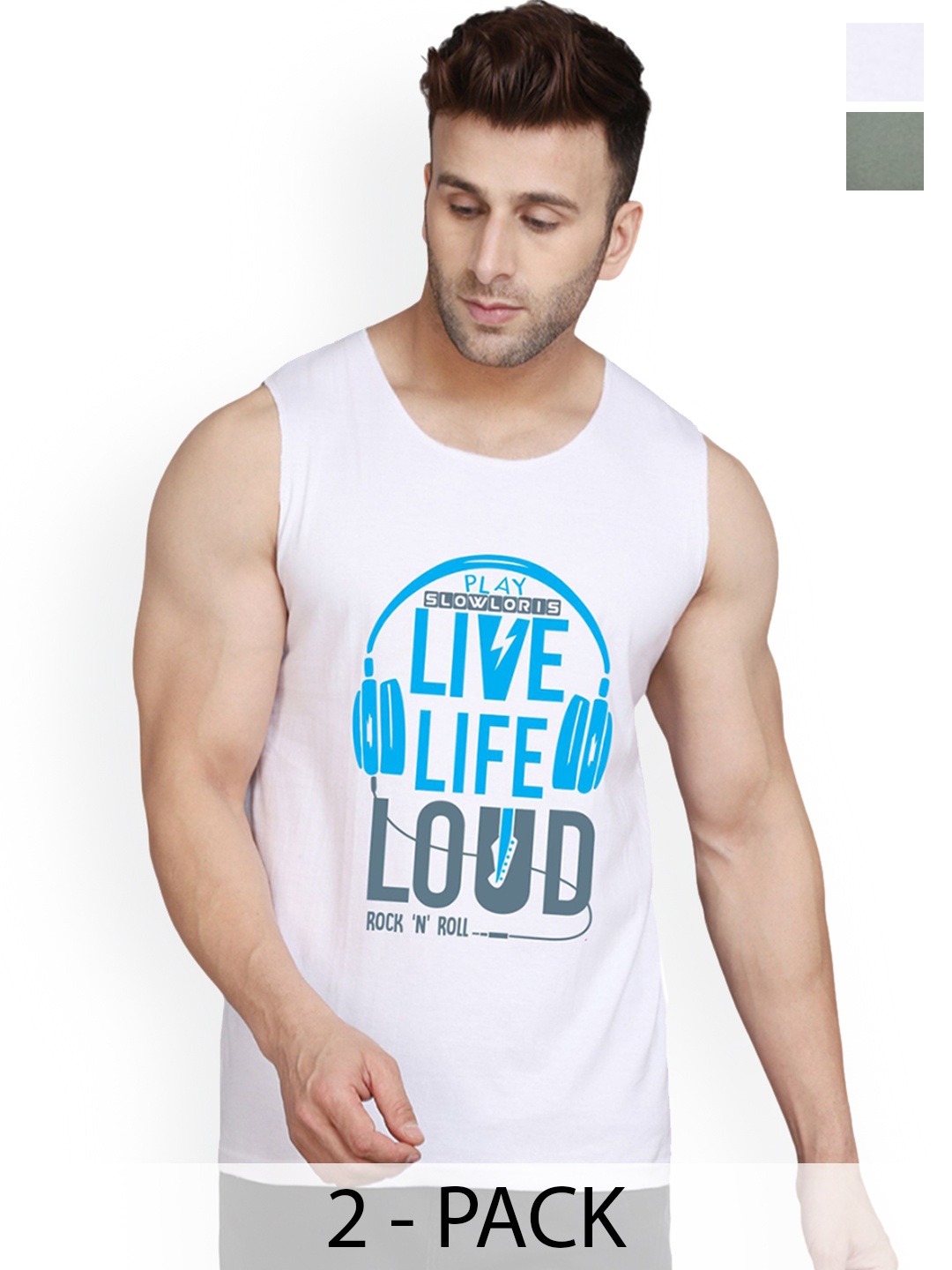 

SLOWLORIS Pack Of 2 Printed Innerwear Gym Vests, White