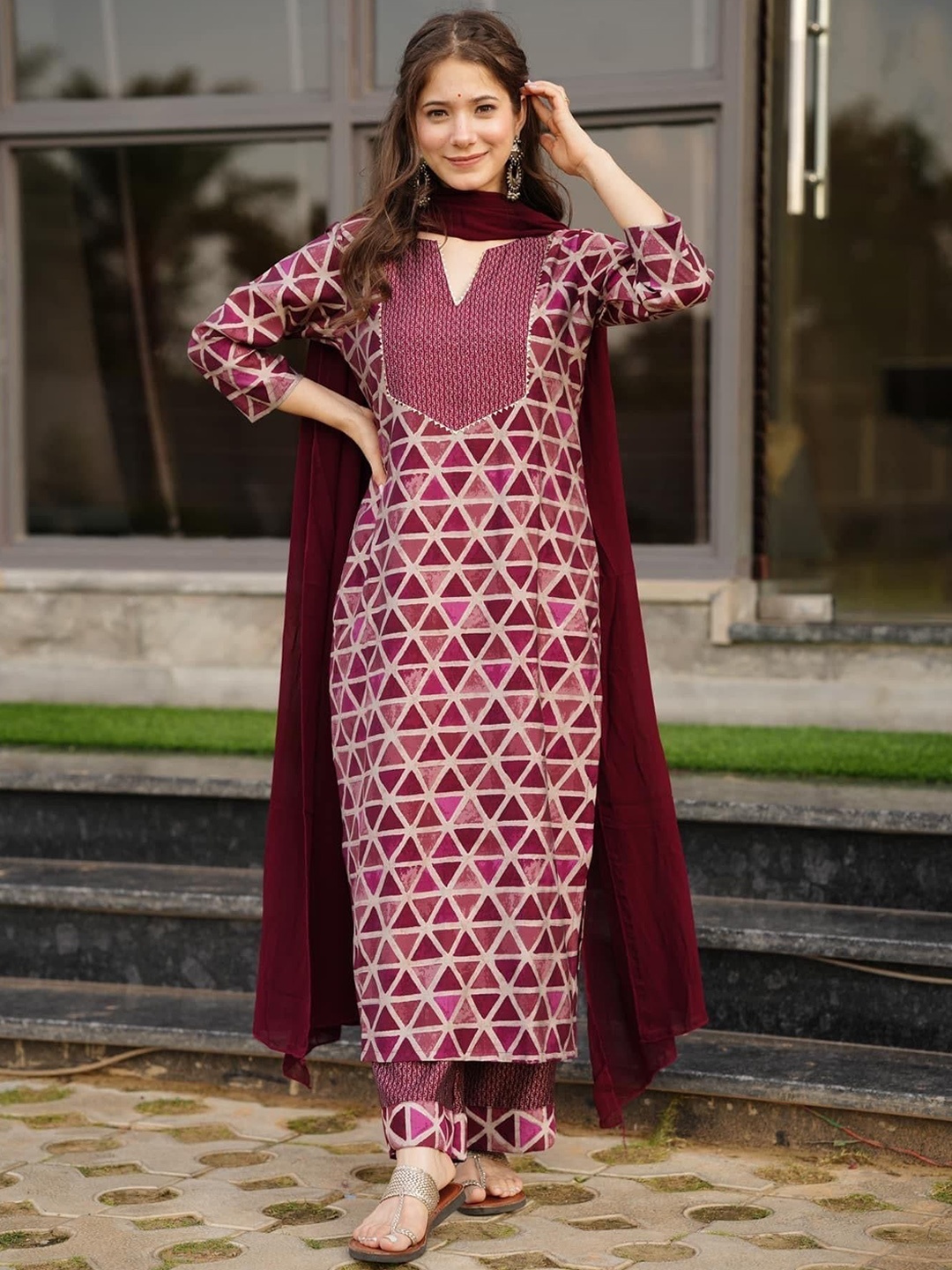 

Anni Designer Geometric Printed Regular Gotta Patti Straight Kurta with Trousers & Dupatta, Maroon