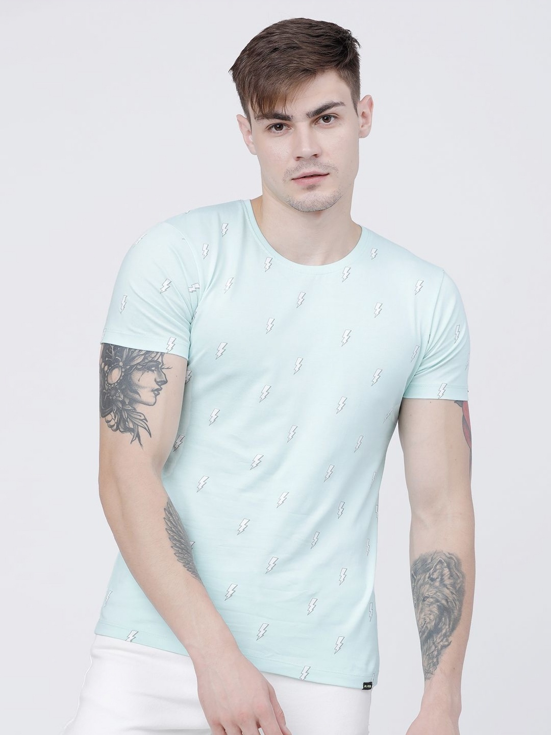 

HIGHLANDER Men Printed Raw Edge Slim Fit T-shirt, Turquoise blue