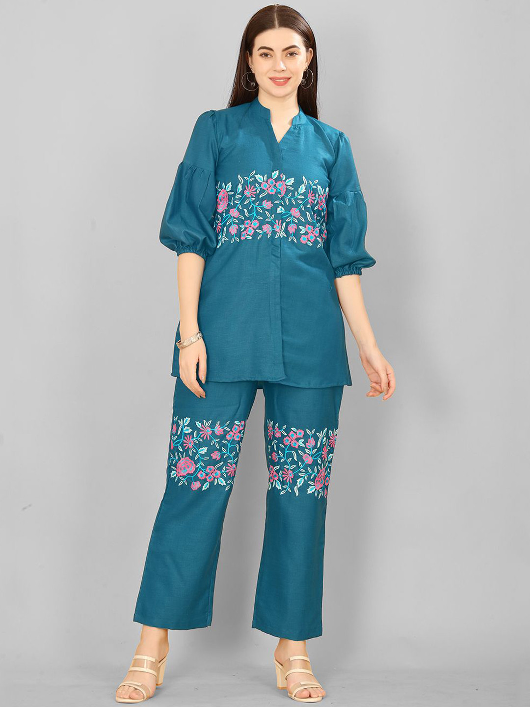 

MISS VERVE Women Floral Embroidered Regular Pure Cotton Kurta with Salwar, Turquoise blue