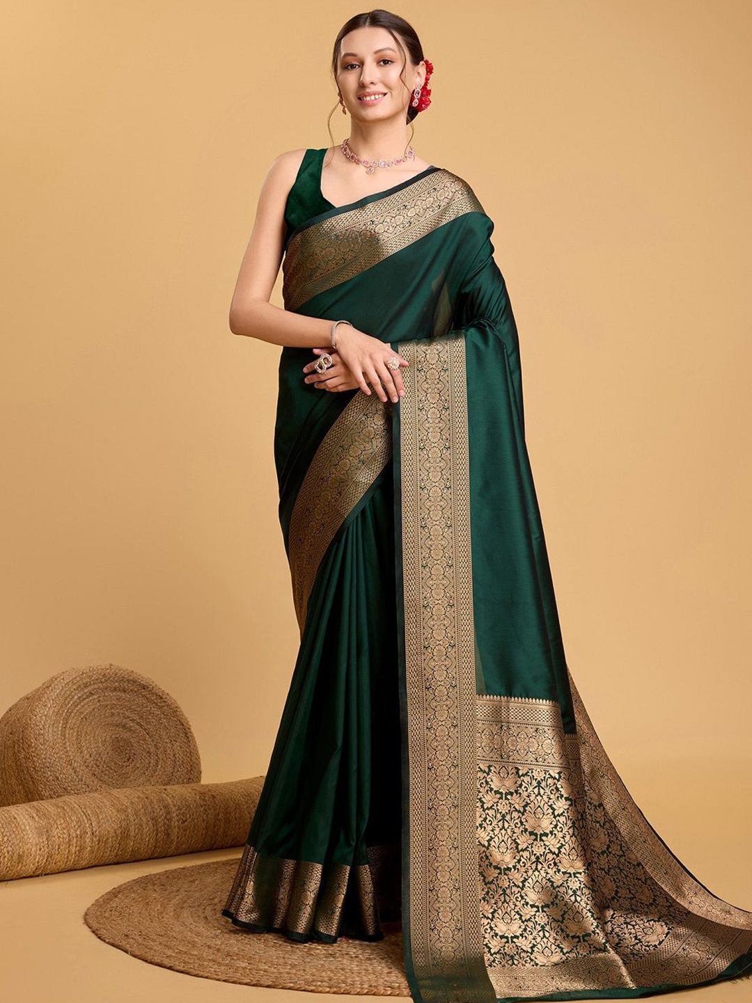 

LEOSAGI Zari Pure Silk Kanjeevaram Saree, Green