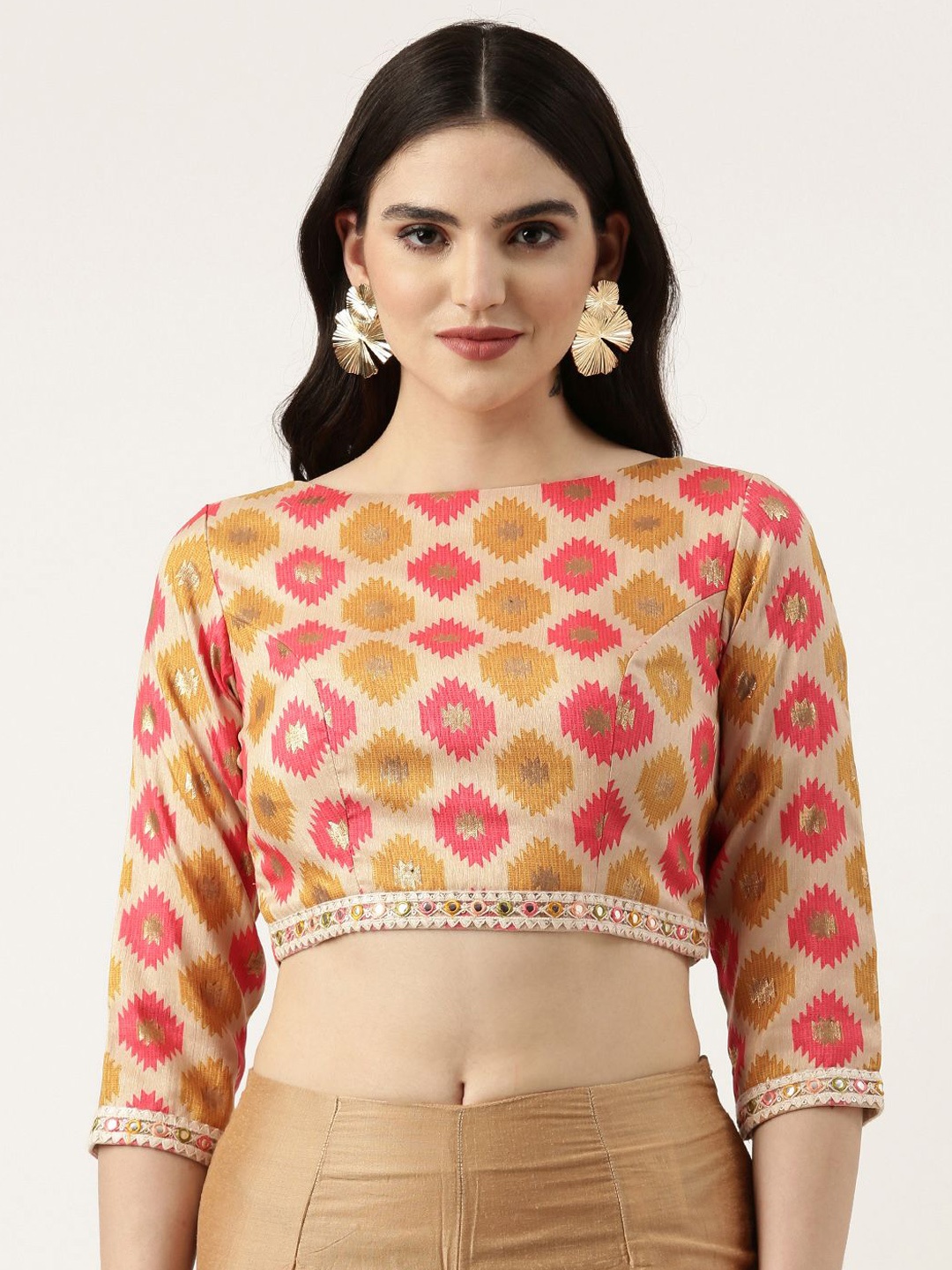 

Ethnovog Printed Cotton Non-Padded Saree Blouse, Off white