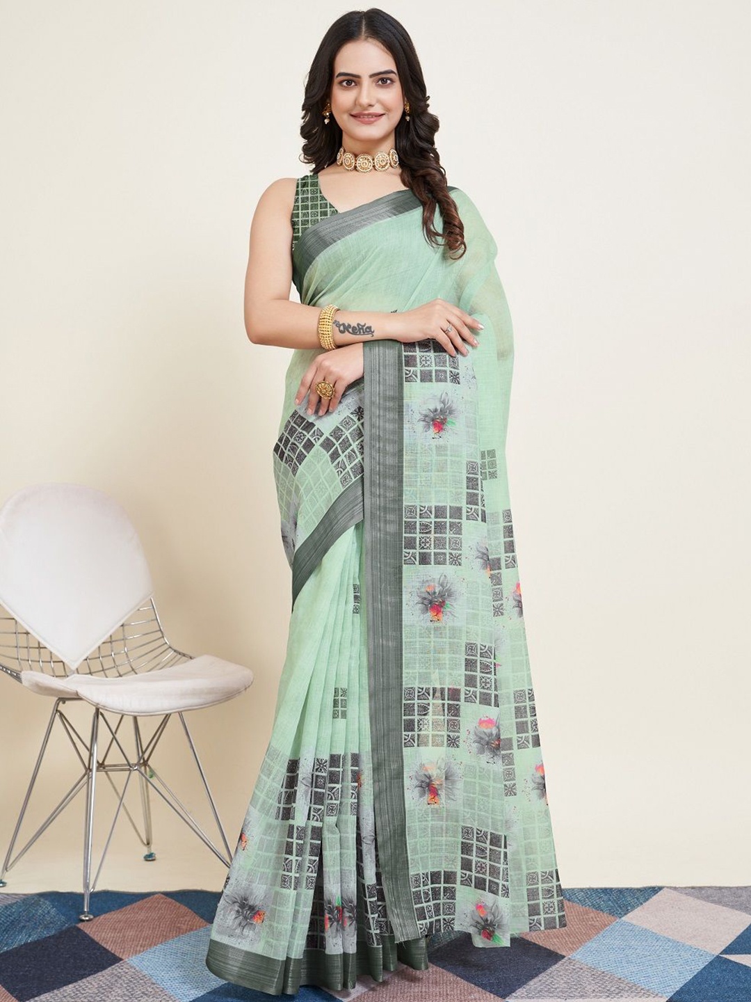 

LEOSAGI Printed Floral Zari Silk Cotton Saree, Olive