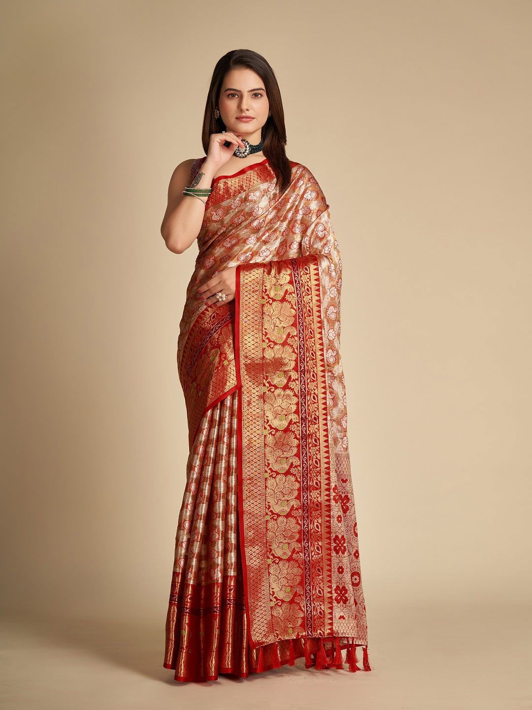 

SHOBHA SAREES Ethnic Motifs Zari Pure Silk Banarasi Saree, Brown