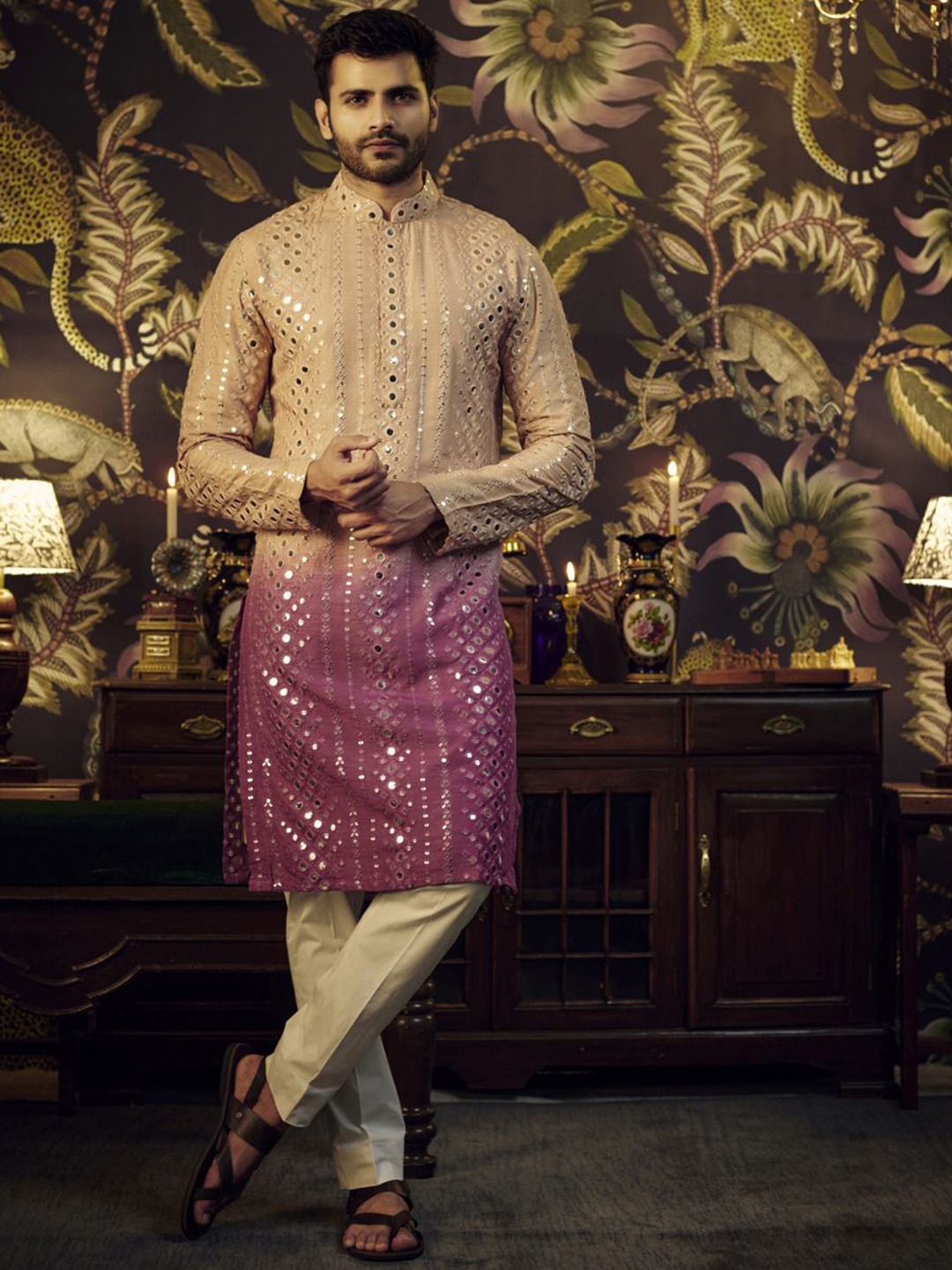 

KASBAH CLOTHING NISHCHAIY SAJDEH Floral Embroidered Mandarin Collar Mirror Work Silk Kurta, Cream