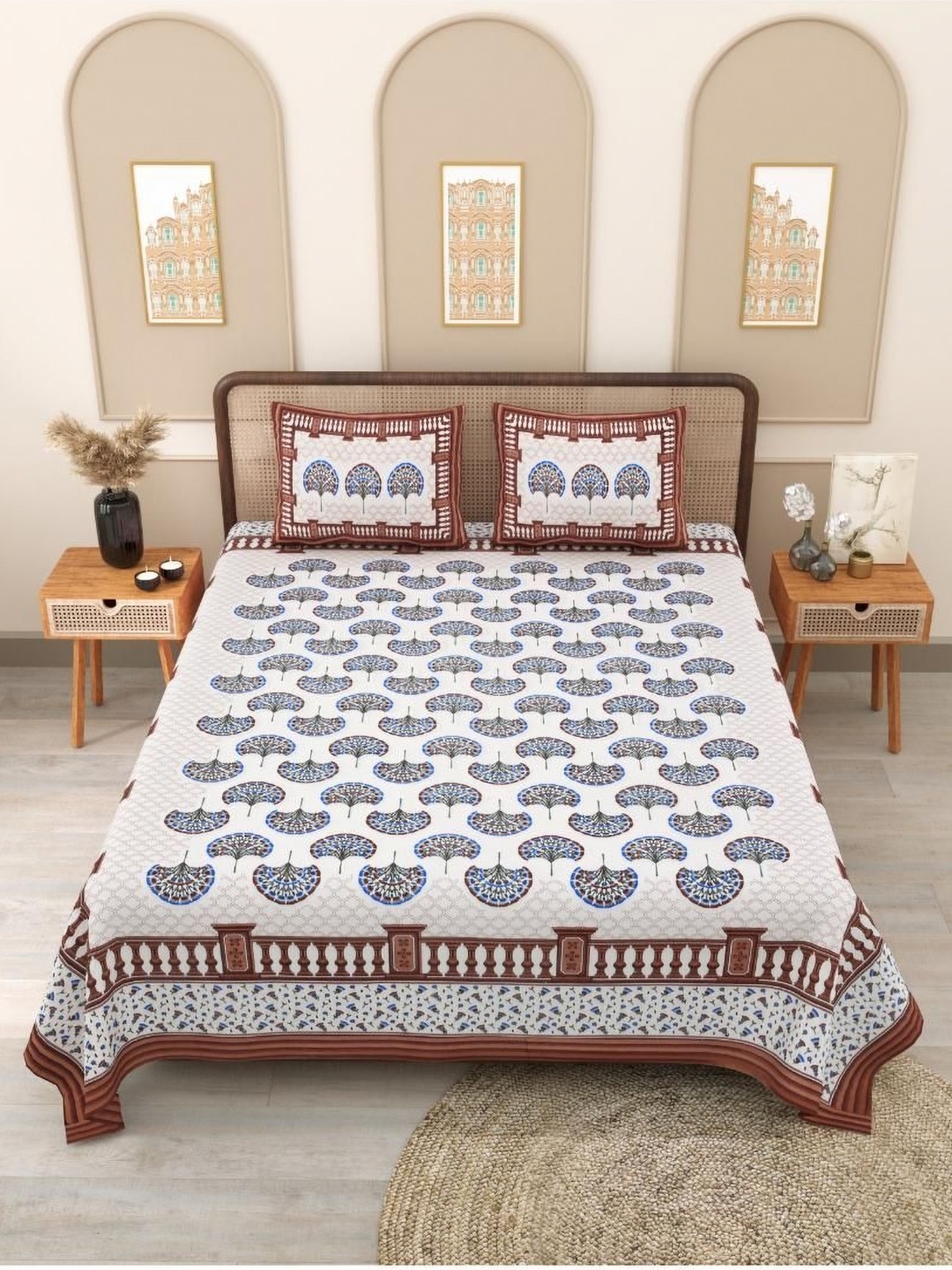 

Block Print Story White & Brown Floral 210 TC Queen Bedsheet with 2 Pillow Covers