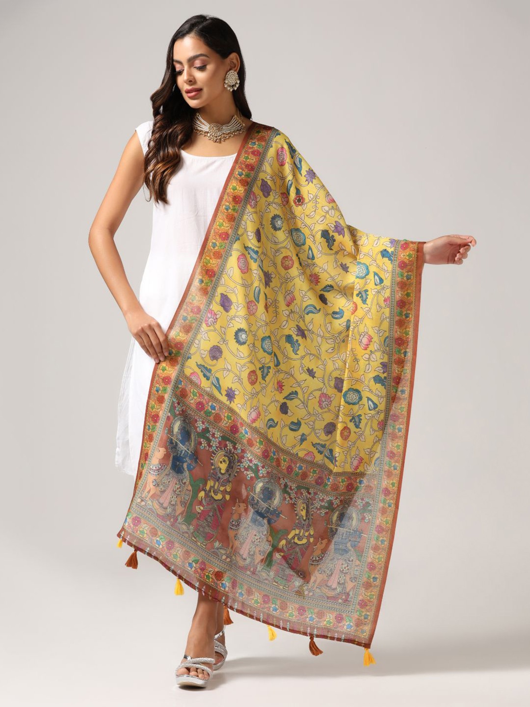 

Kaizen TEXO FAB Ethnic Motifs Printed Zari Dupatta, Yellow