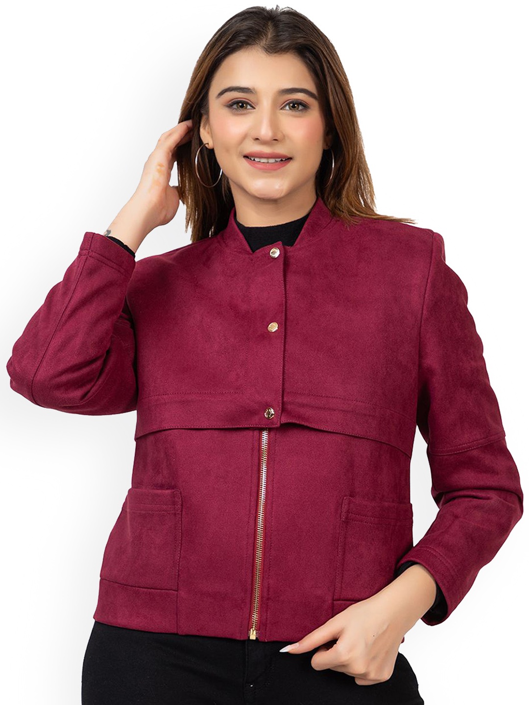 

TWENTY ME Mock Collar Suede Bomber Jacket, Maroon