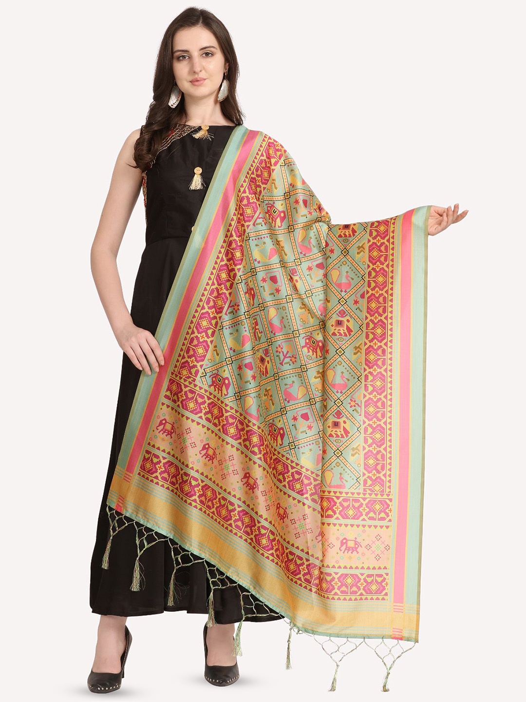 

Kaizen TEXO FAB Ethnic Motifs Printed Assam Silk Dupatta, Sea green