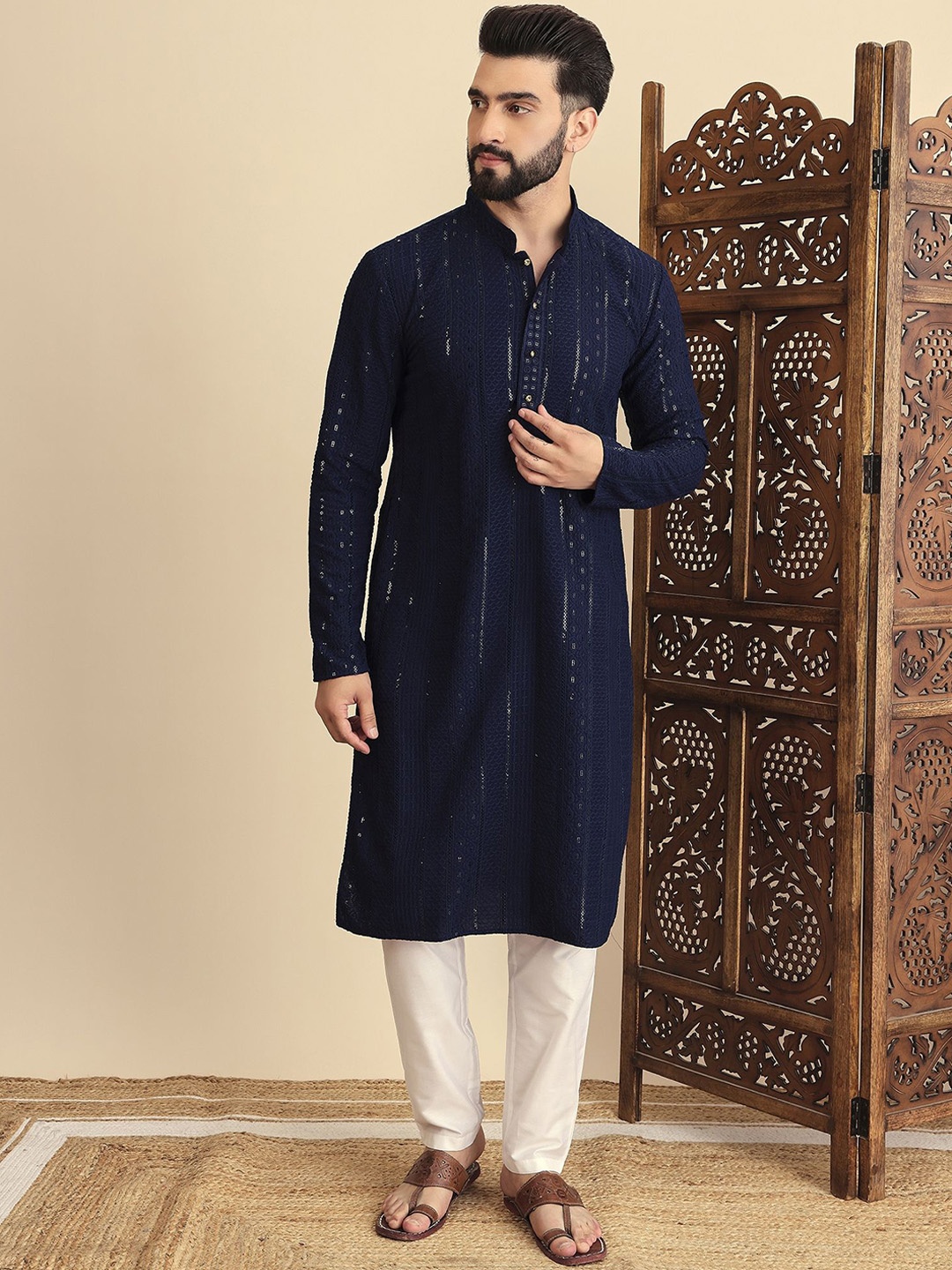 

House of Pataudi Embroidered Straight Kurtas, Blue