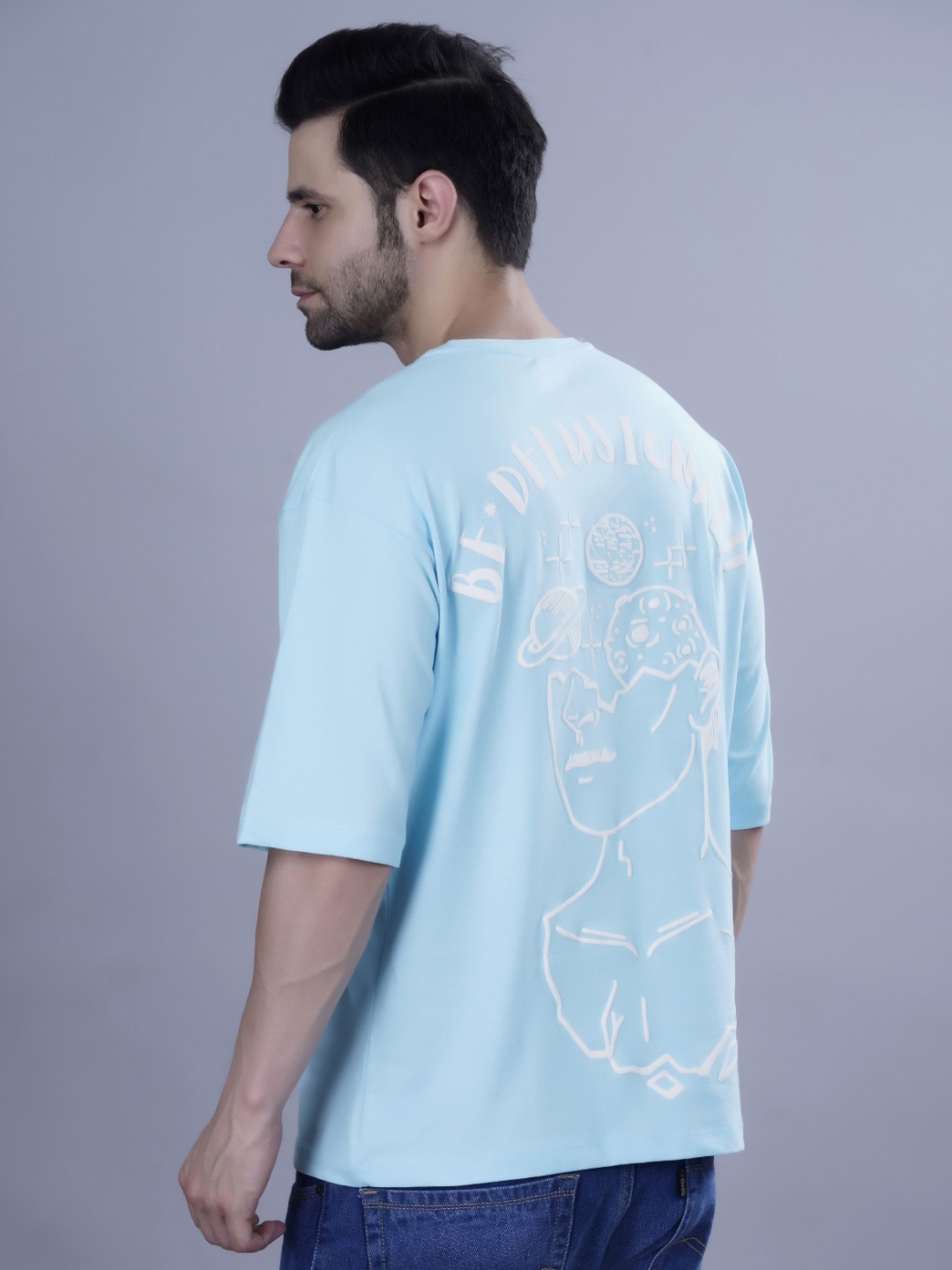 

FEVER HUNT Men Graphic Printed Round Neck Cotton Oversized T-Shirt, Blue