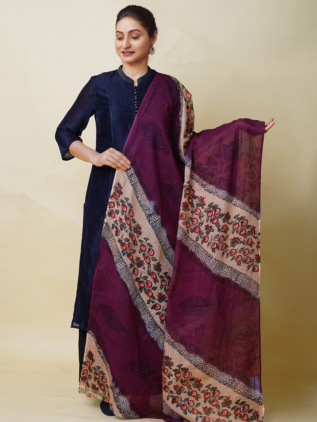 

Unnati Silks Floral Cotton Block Printed Kota Dupatta, Purple