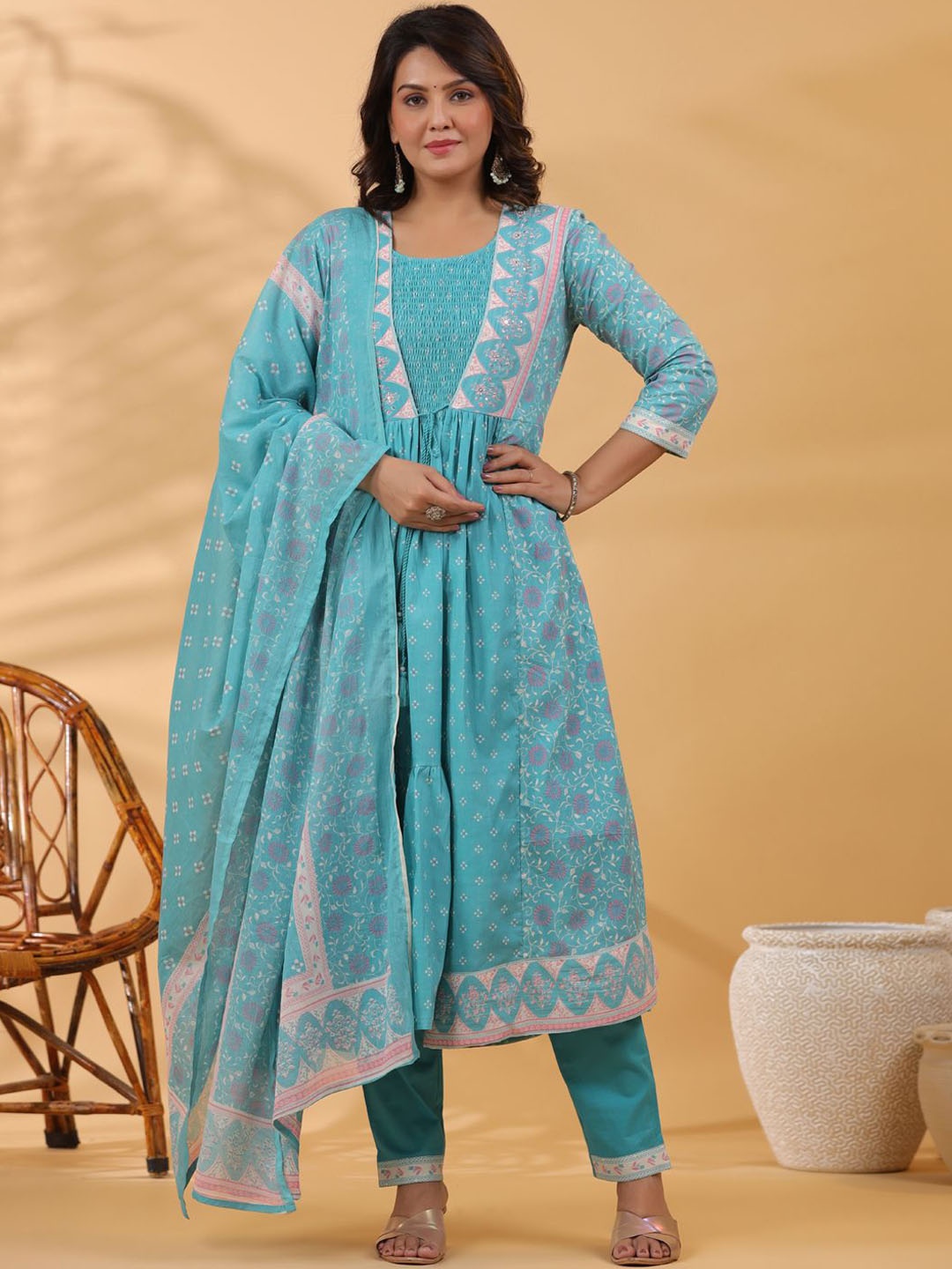 

Readiprint Fashions Women Floral Printed Tiered Sequinned Pure Cotton Kurta with Palazzos & With Dupatta, Blue