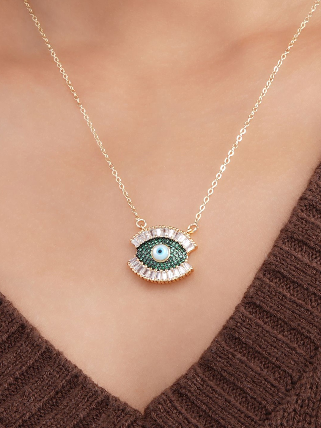 

SWASHAA Gold-Plated Stainless Steel Cubic Zirconia Meesha Evil Eye Necklace