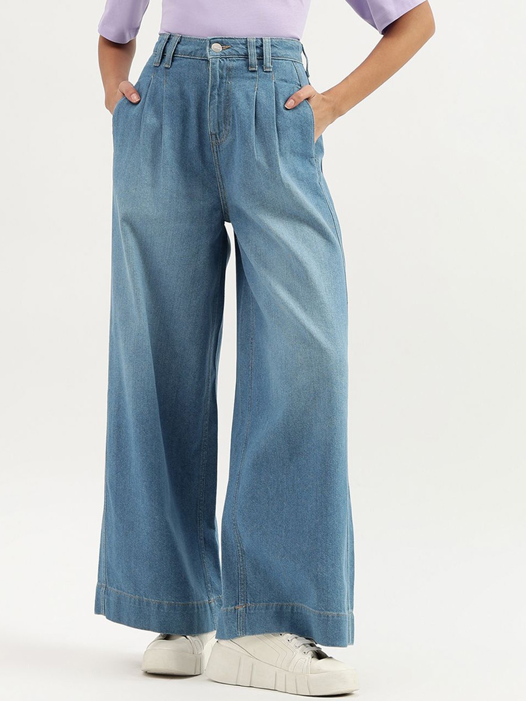 

United Colors of Benetton Women Flared High-Rise Pleated Trousers, Blue