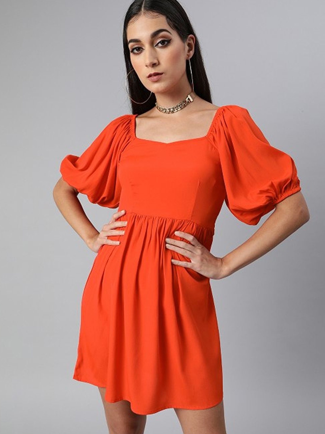 

Sera Puff Sleeve Fit & Flare Mini Dress, Orange