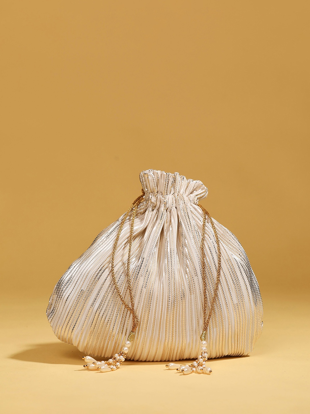 

MODARTA Textured Bucket Handheld Bag with Tasselled, Cream
