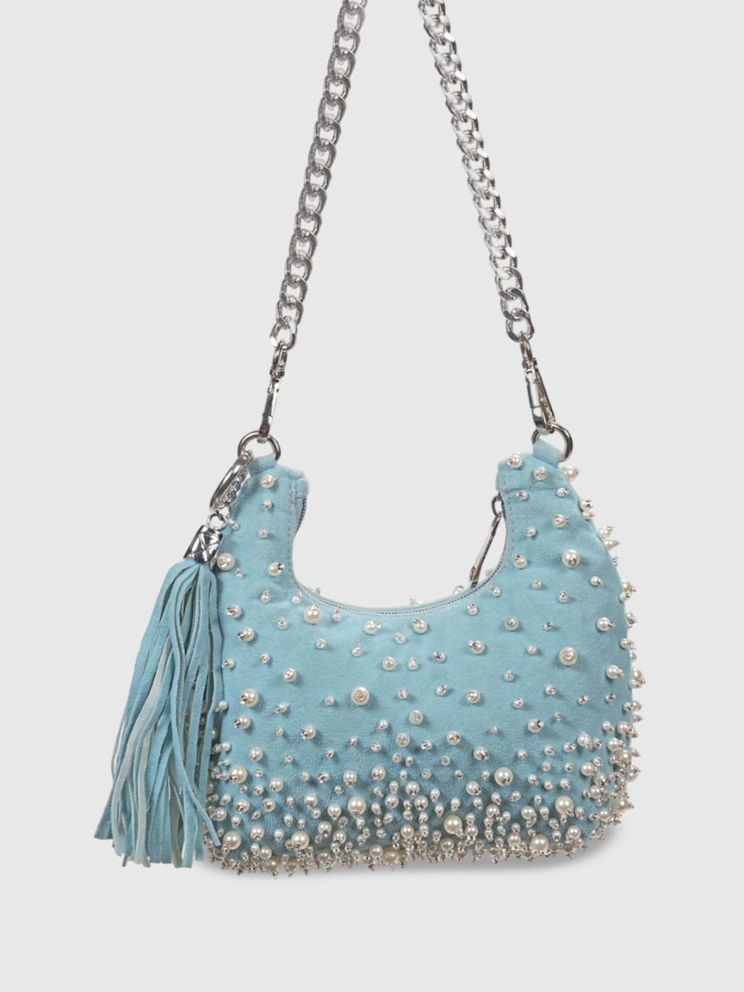 

D'oro Embellished Structured Shoulder Bag with Tasselled Detail, Blue