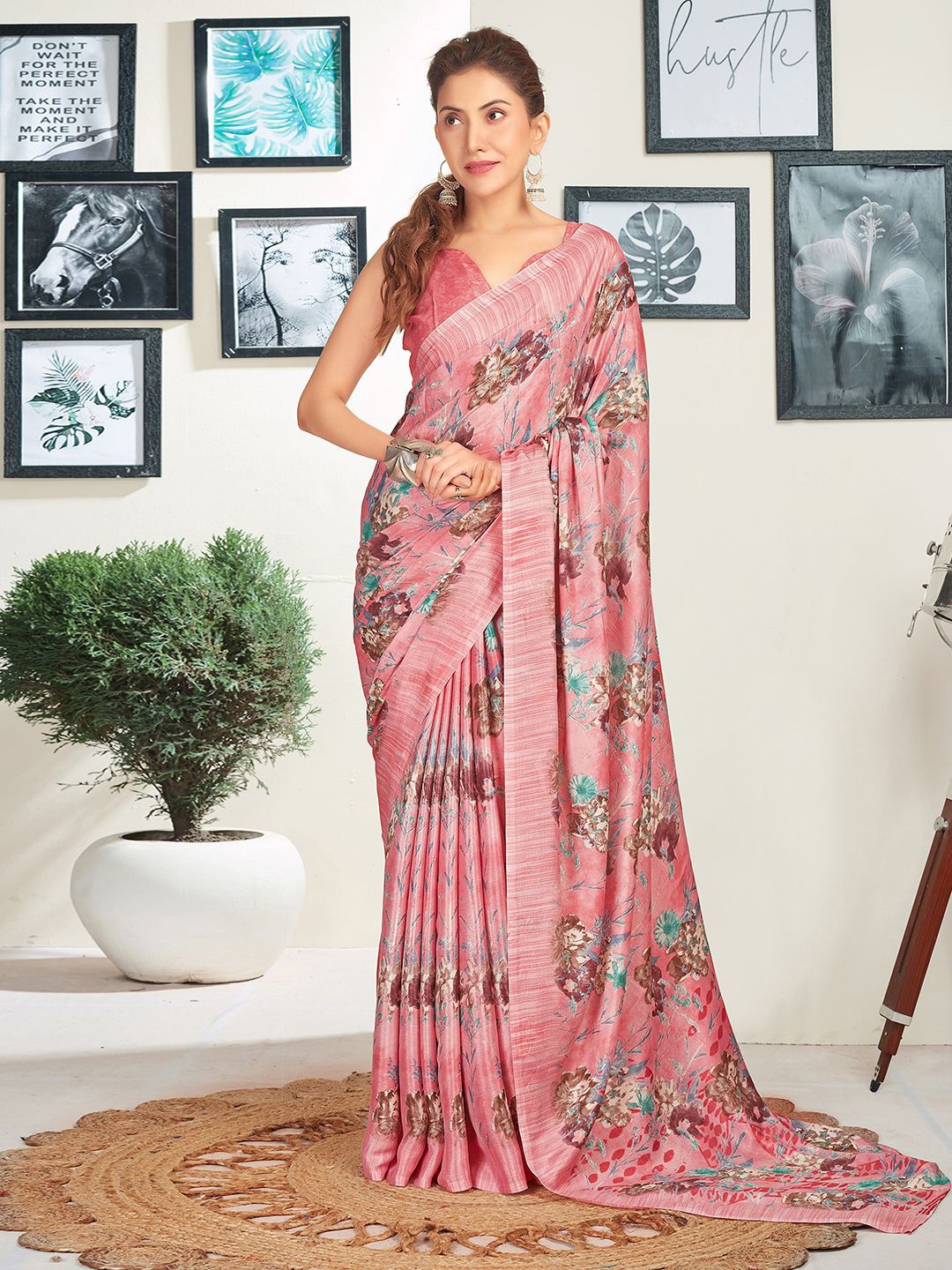 

KALINI Printed Floral Art Silk Saree, Pink