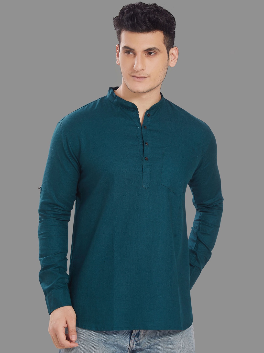 

DIVISIVE Mandarin Collar Roll-Up Sleeves Pure Cotton Straight Short Kurta, Teal