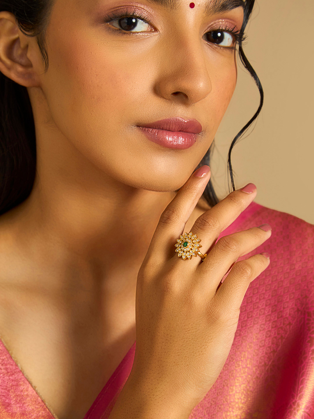 

Kushal's Fashion Jewellery 92.5 Pure Silver Gold Plated & Stone Studded Ring