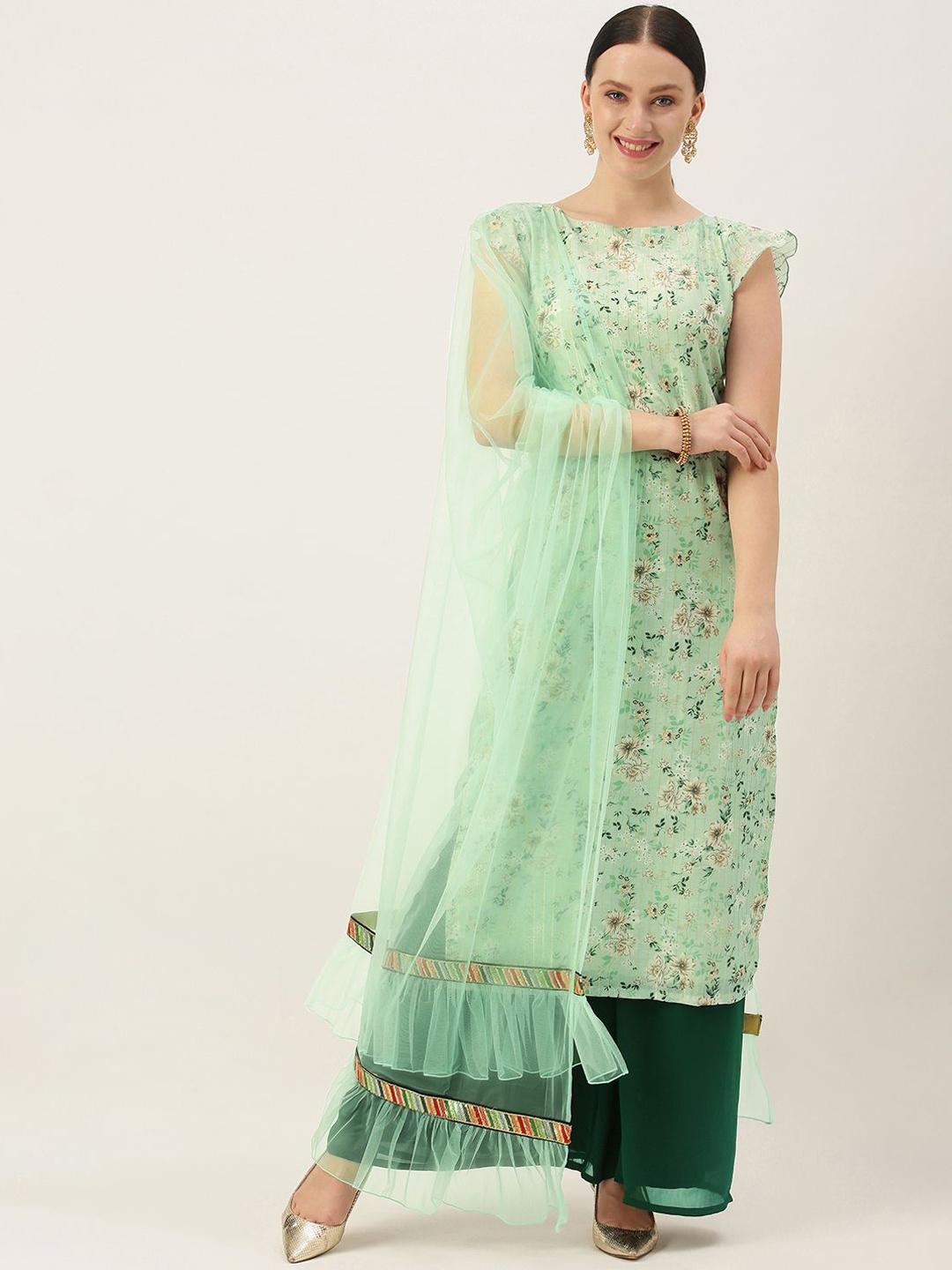 

Ethnovog Floral Printed Boat Neck Straight Kurta With Palazzos & Duppatta, Green