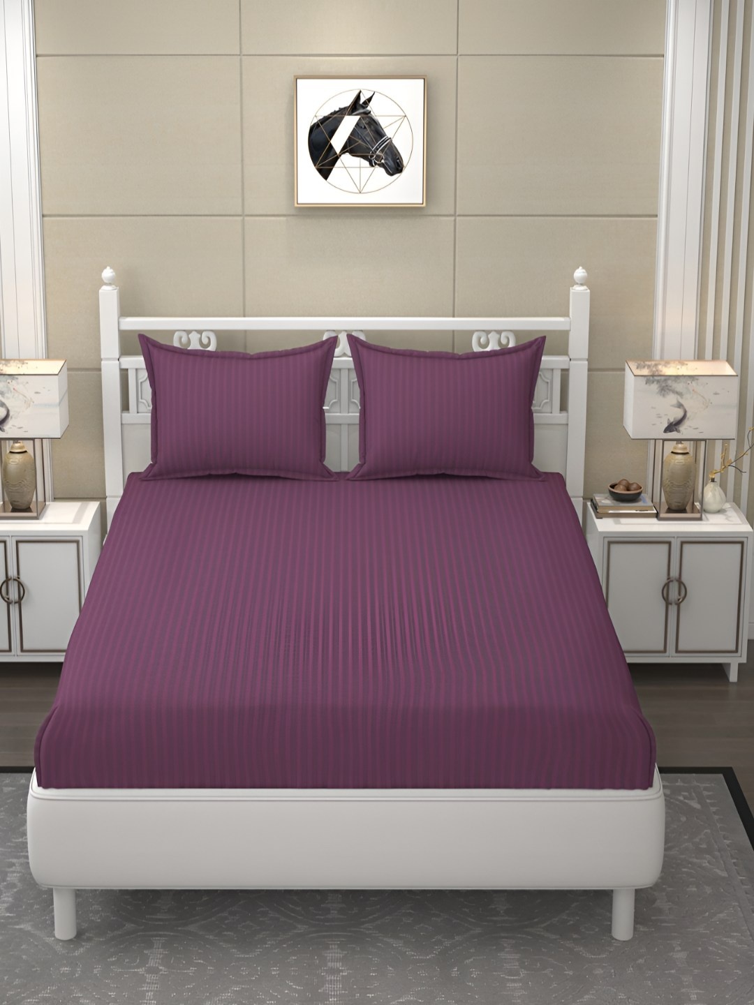 

B' Decorlish Burgundy Striped 210 TC Satin King Bedsheet With 2 Pillow Covers