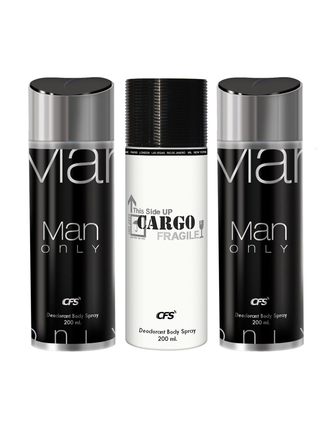 

CFS Set of 3 Long Lasting Deodorant Body Spray 200 ml each - Cargo White & Man Only, Black