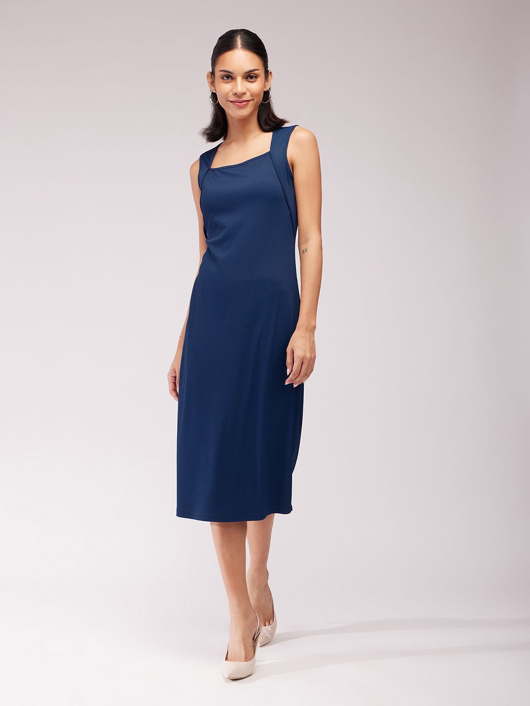 

FableStreet Square Neck Sheath Midi Dress, Navy blue