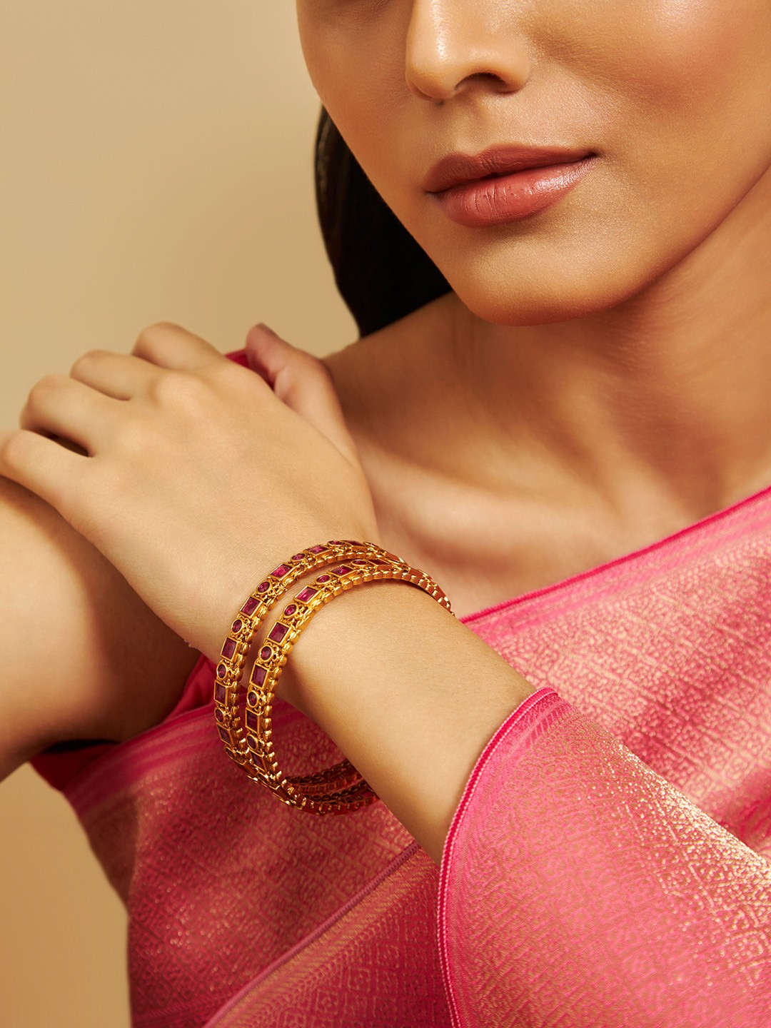 

Kushal's Fashion Jewellery Set of 2 Gold-Plated Stone Studded Bangles