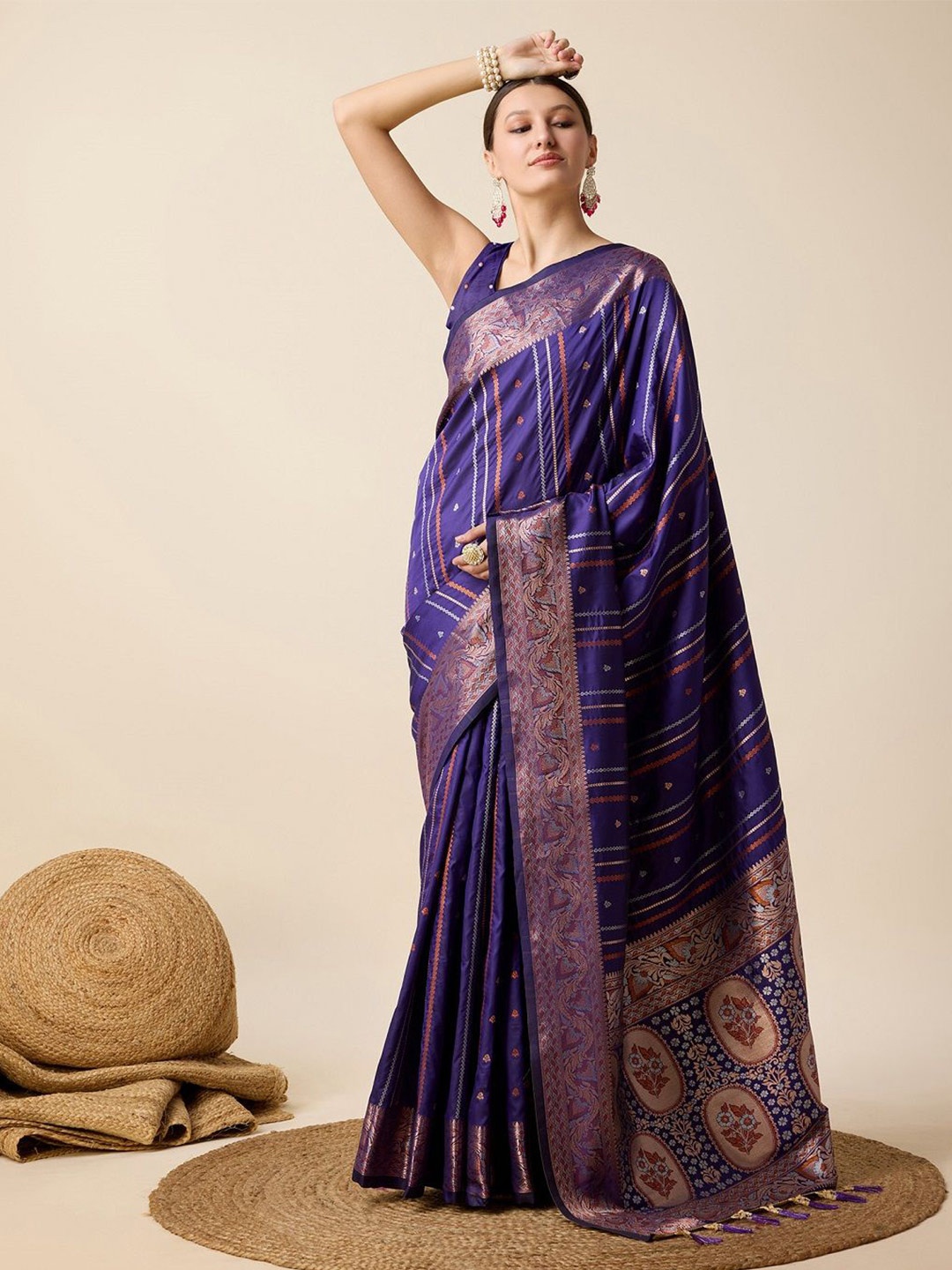 

SHOBHA SAREES Ethnic Motifs Zari Pure Silk Kanjeevaram Saree, Blue