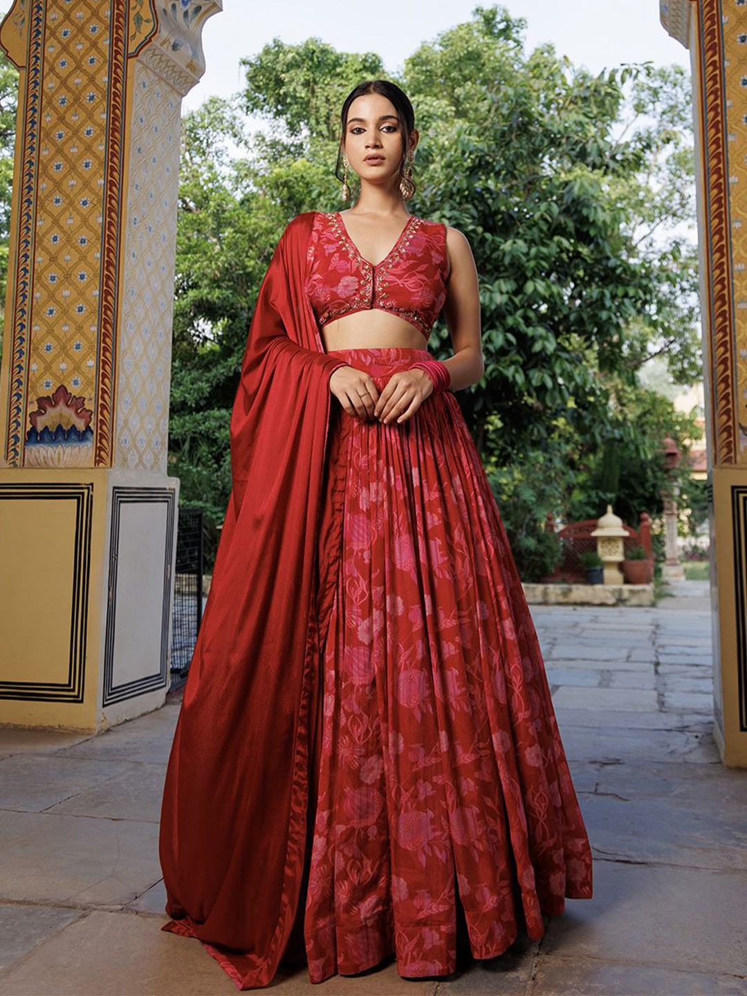 

Ragavi Printed Beads and Stones Ready to Wear Lehenga & Blouse With Dupatta, Maroon