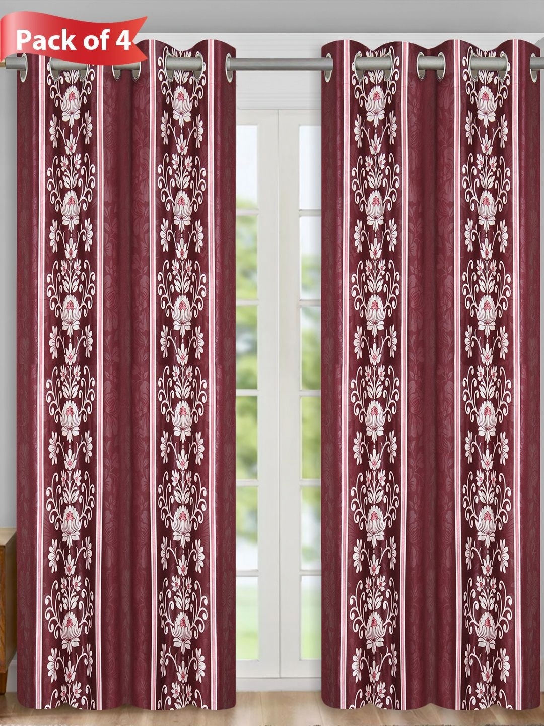 

Aura Maroon & White Set of 4 Floral Room Darkening Door Curtains