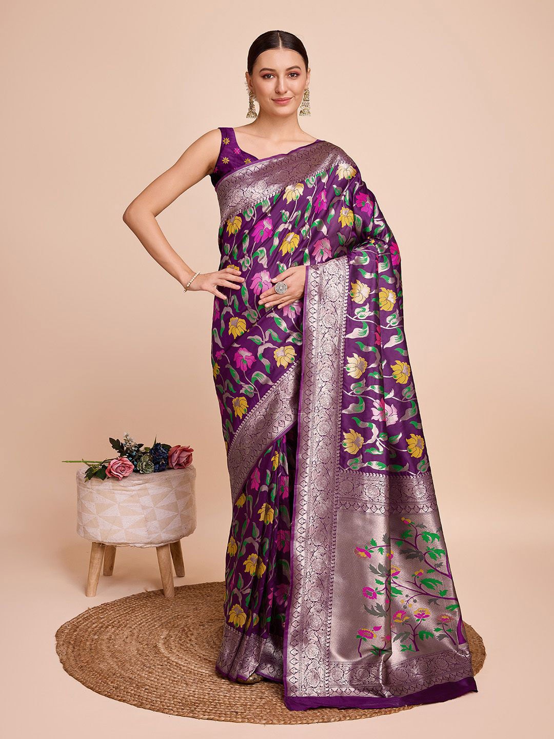 

SHOBHA SAREES Woven Design Ethnic Motifs Zari Pure Silk Paithani Saree, Purple