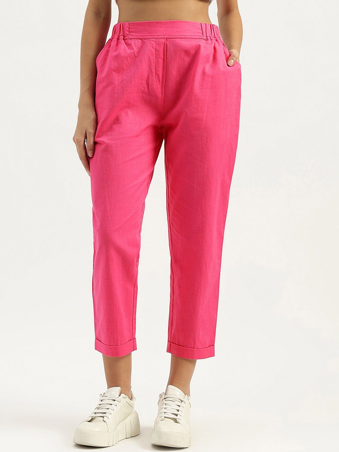 

United Colors of Benetton Cotton Linen High Rise Straight Fit Trousers, Pink