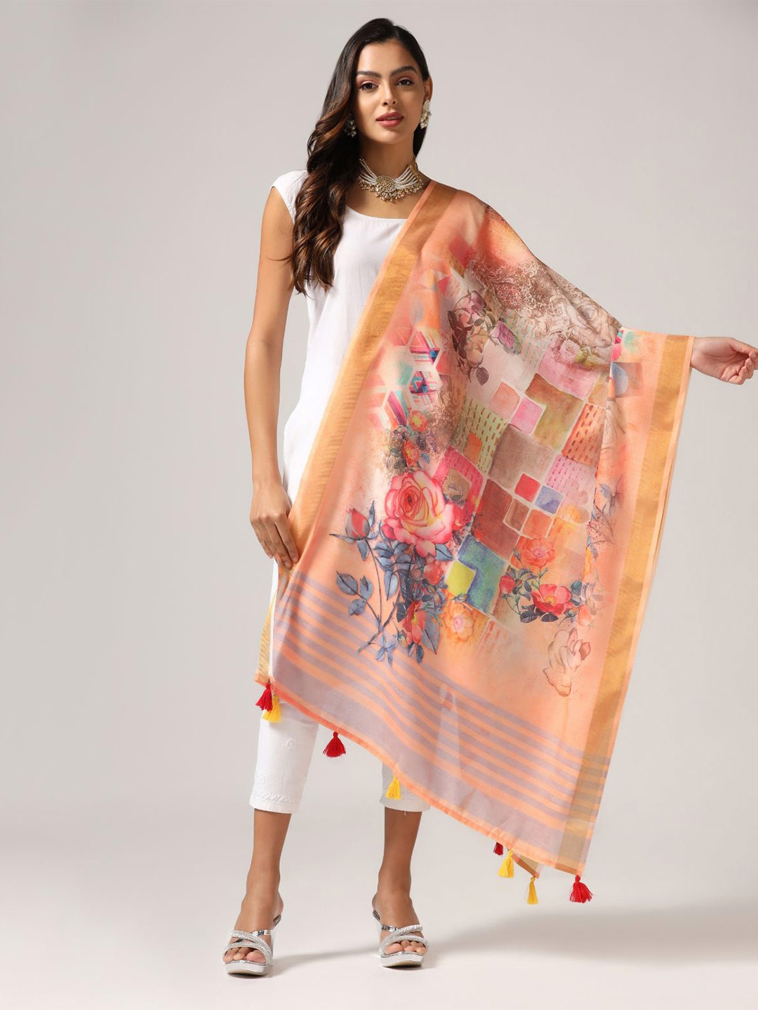 

Kaizen TEXO FAB Ethnic Motifs Printed Linen Zari Dupatta, Peach