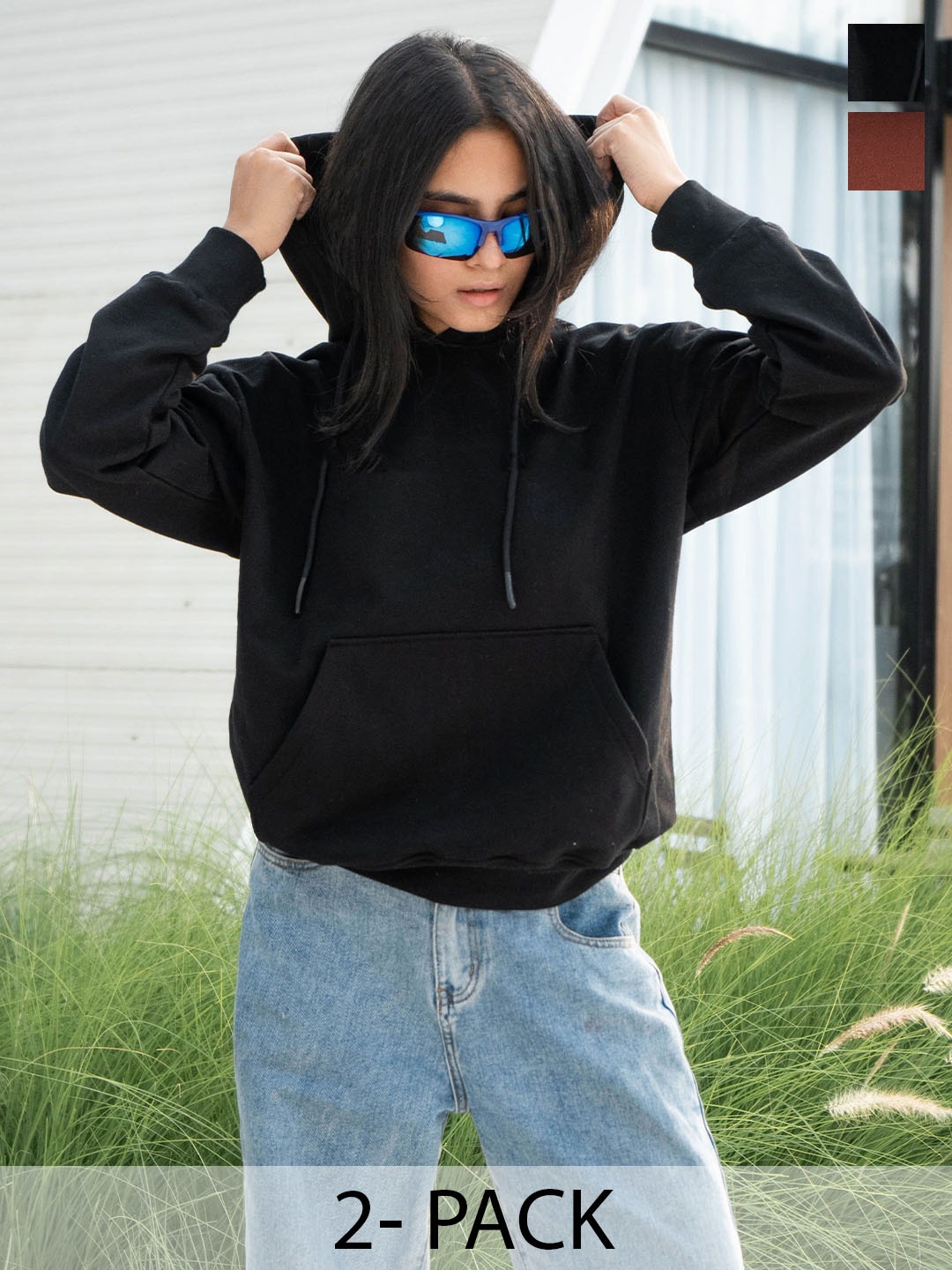 

COLOR CAPITAL Pack Of 2 Women Solid Oversized Sweatshirt, Black
