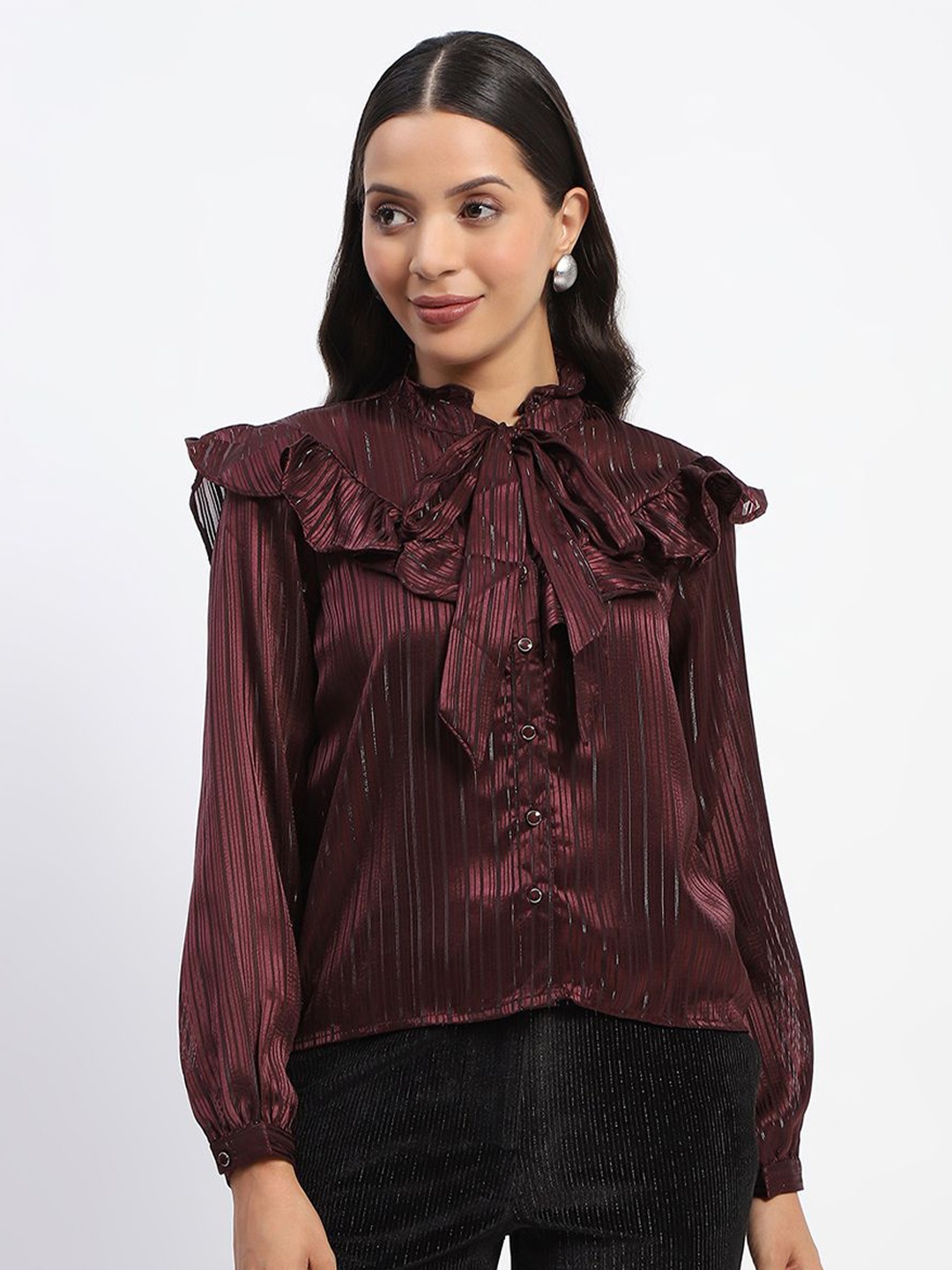 

Madame Women Vertical Striped High Neck Top, Maroon