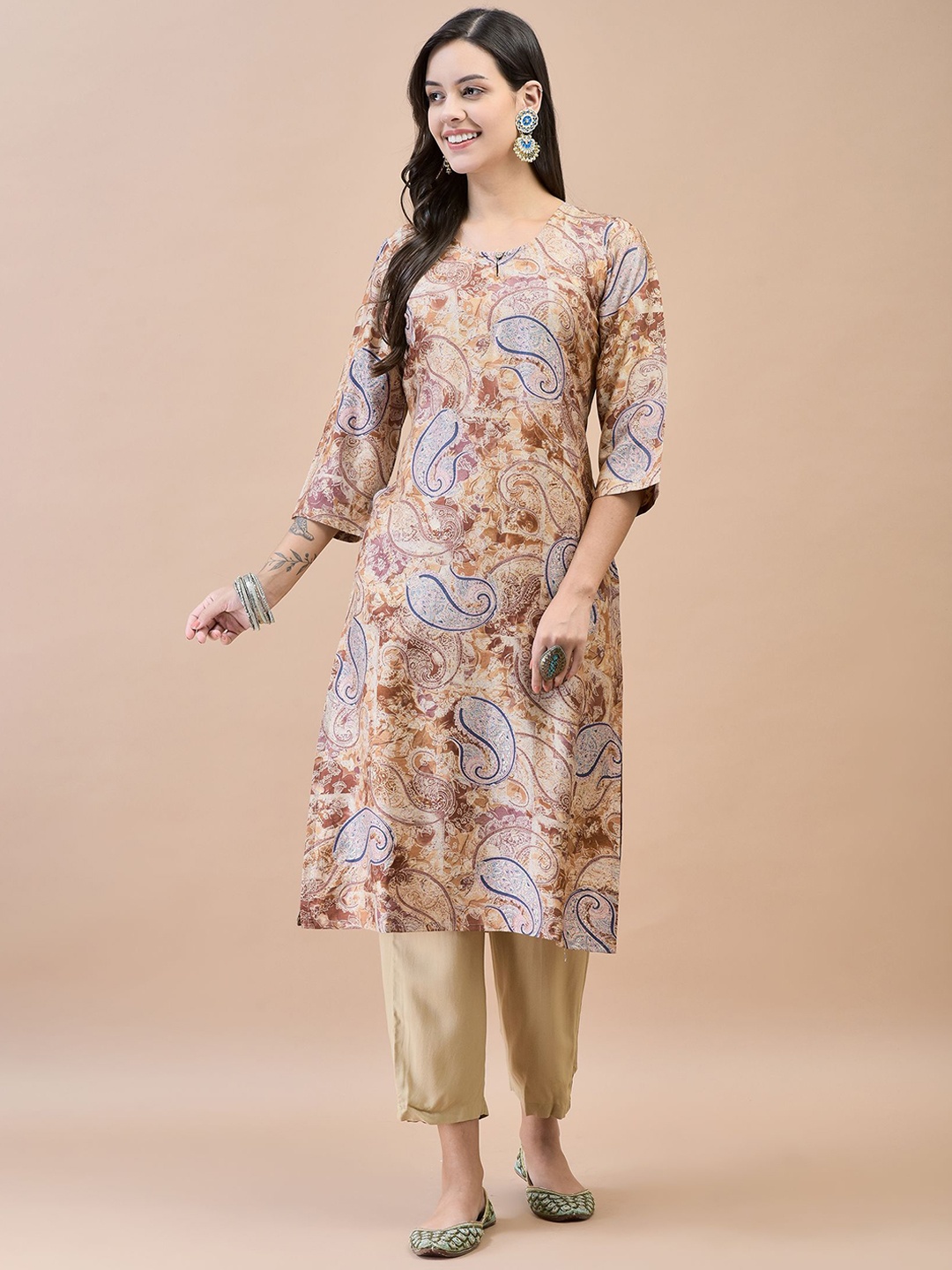 

Shree Women Floral Printed Flared Sleeves Kurta, Brown