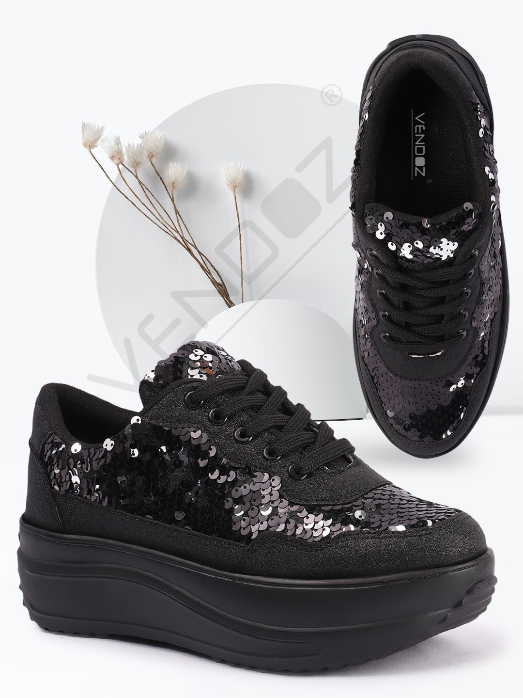 

VENDOZ Women Embellished Lace up SneakersSneakers, Black