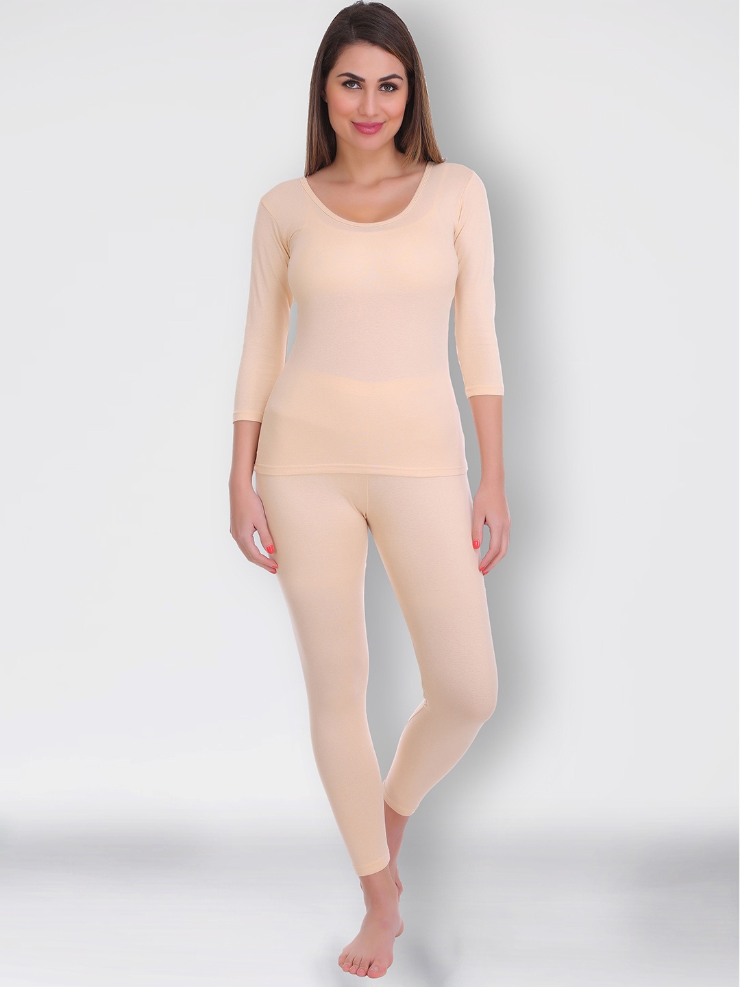 

SELFCARE Women Round Neck Top & Ankle Length Bottom Thermal Set, Beige