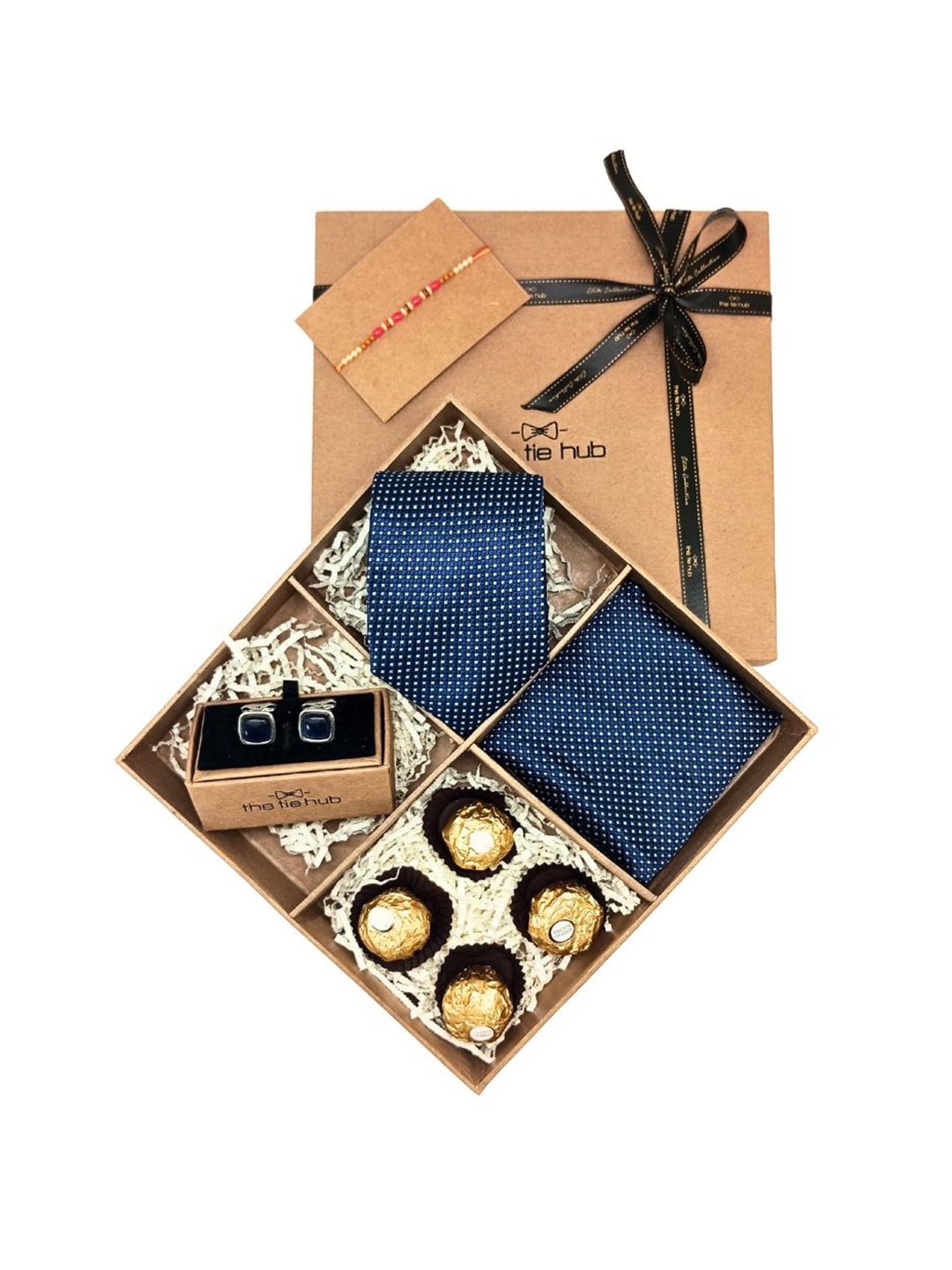 

The Tie Hub Men Accessory Gift Set Of Tie Cufflinks Pocket Square With Chocolate & Rakhi, Navy blue