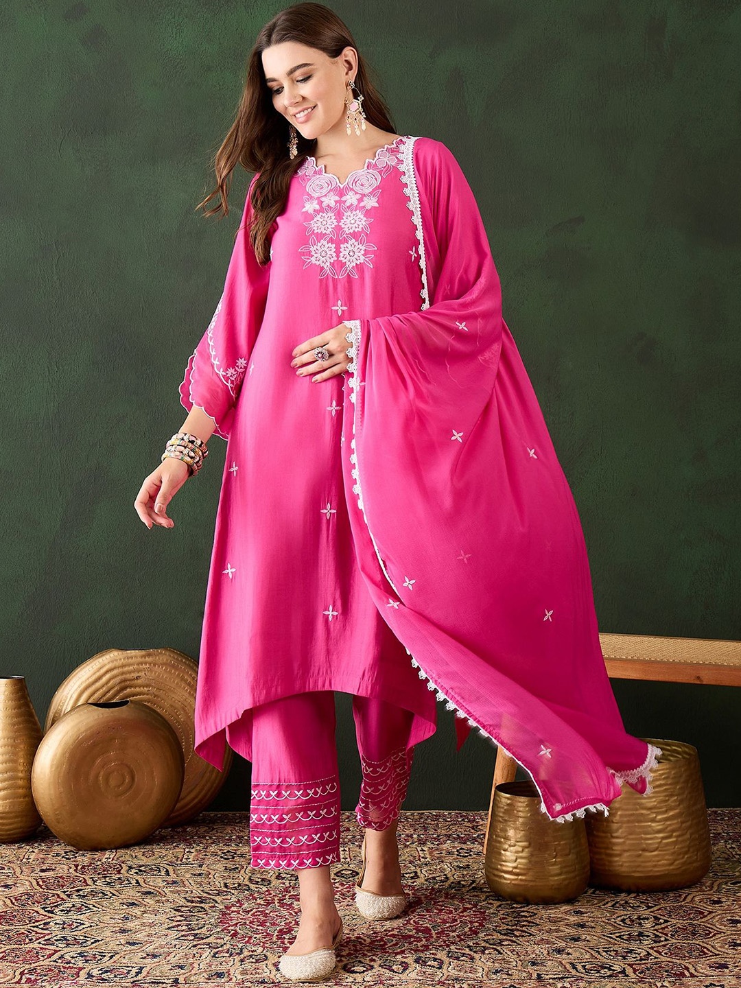 

Sangria Pink Floral Embroidered V-Neck A-Line Kurta & Trousers With Dupatta