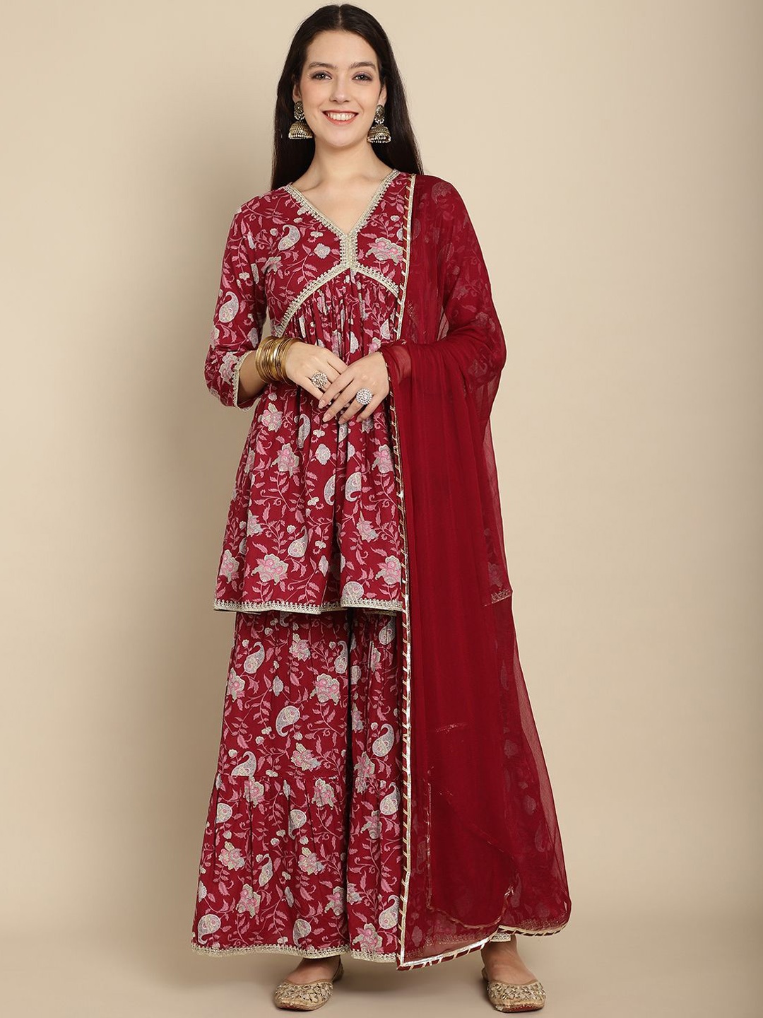 

KALINI Floral Printed Panelled Beads and Stones Cotton A-Line Kurta, Burgundy