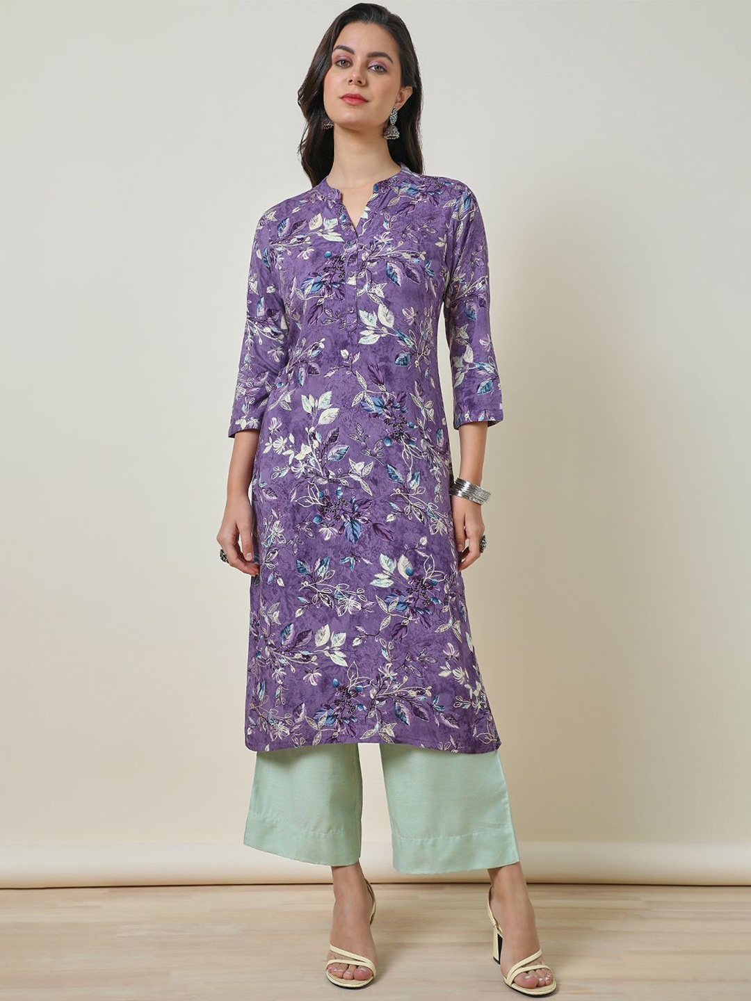 

Soch Purple Floral Printed Band Collar Straight Kurta