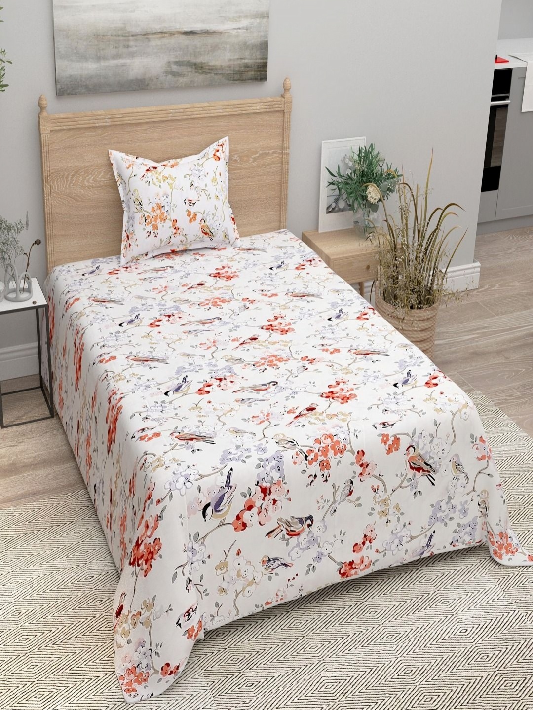 

Bombay Spreads White Floral 144 TC Pure Cotton Single Bedsheet with 1 Pillow Cover, Orange